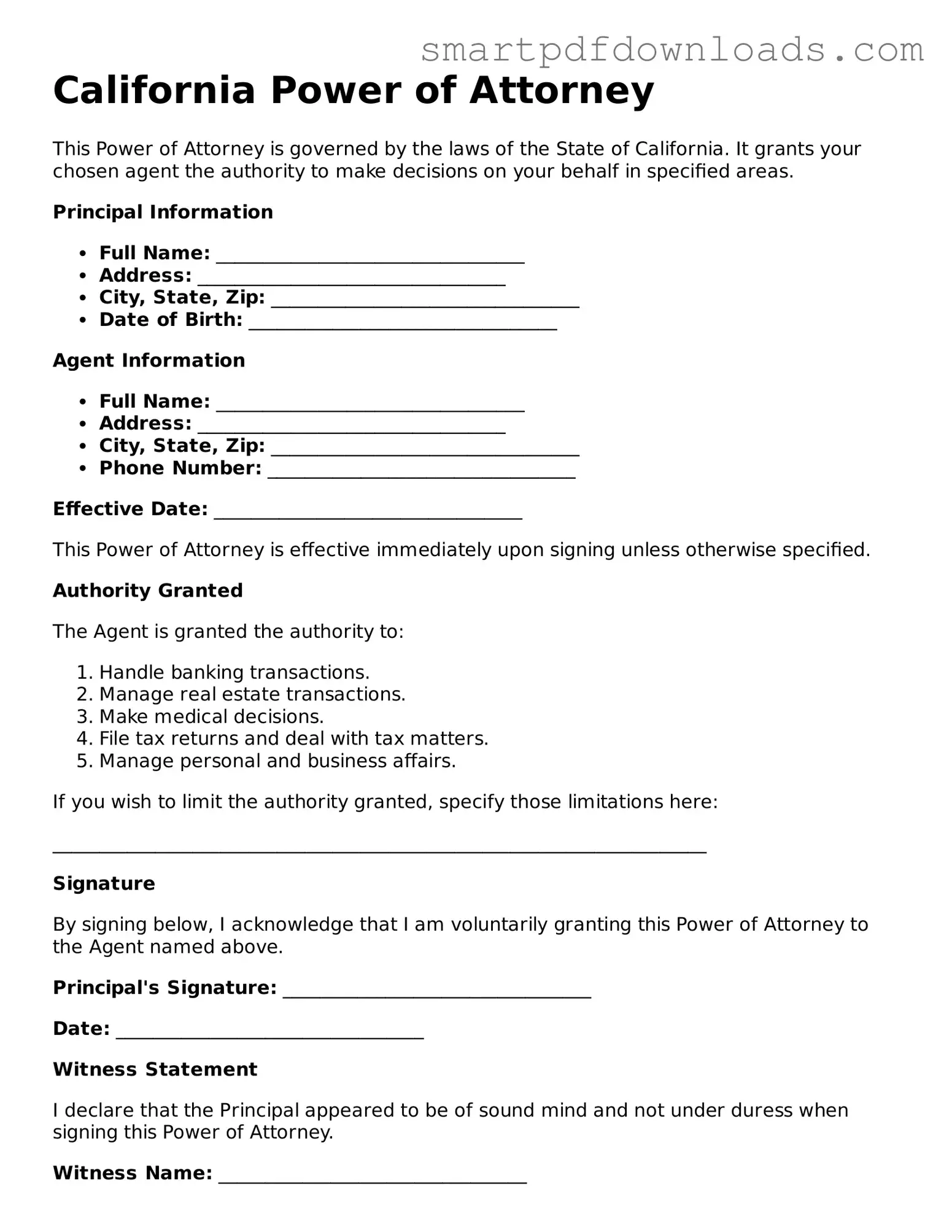 Legal Power of Attorney Form for the State of California