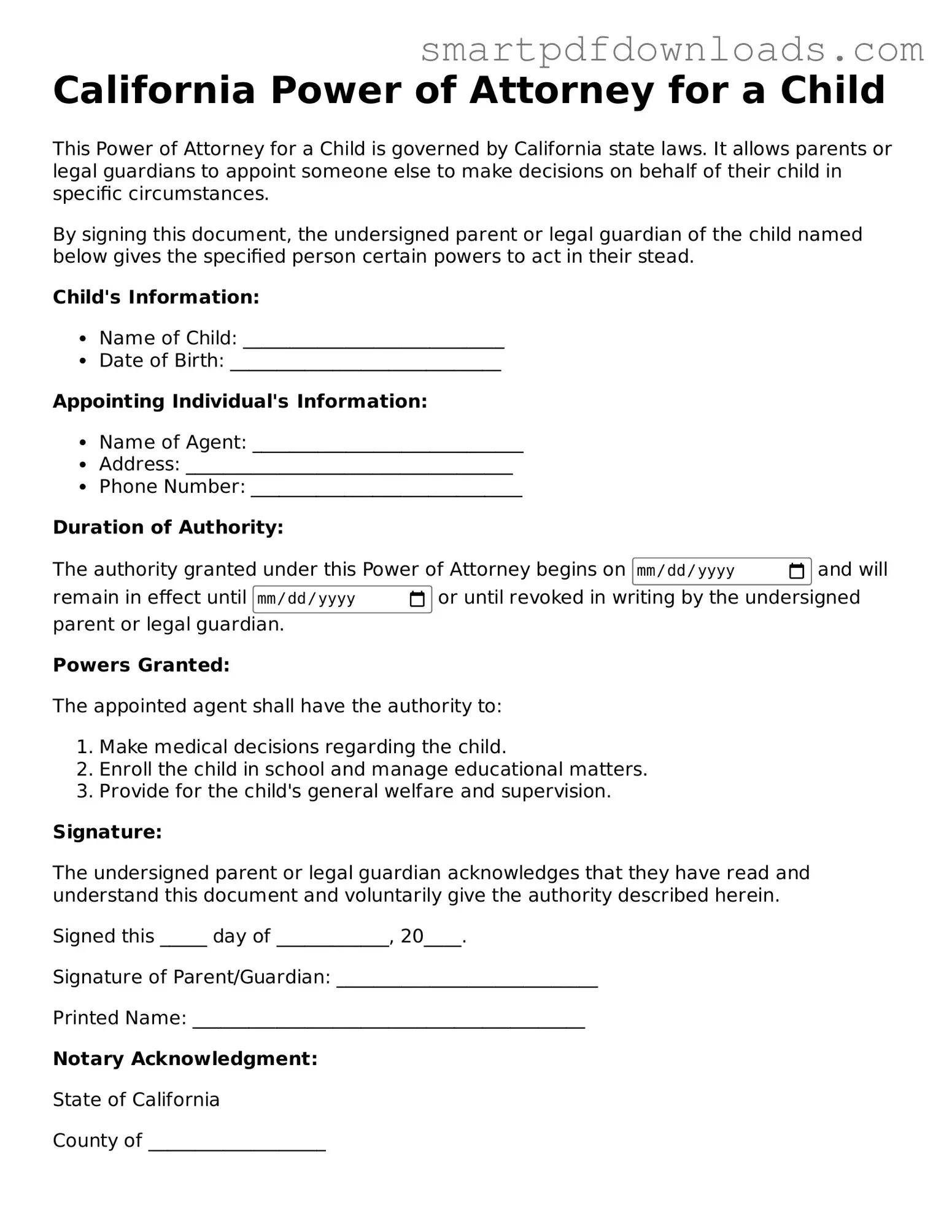 Legal Power of Attorney for a Child Form for the State of California