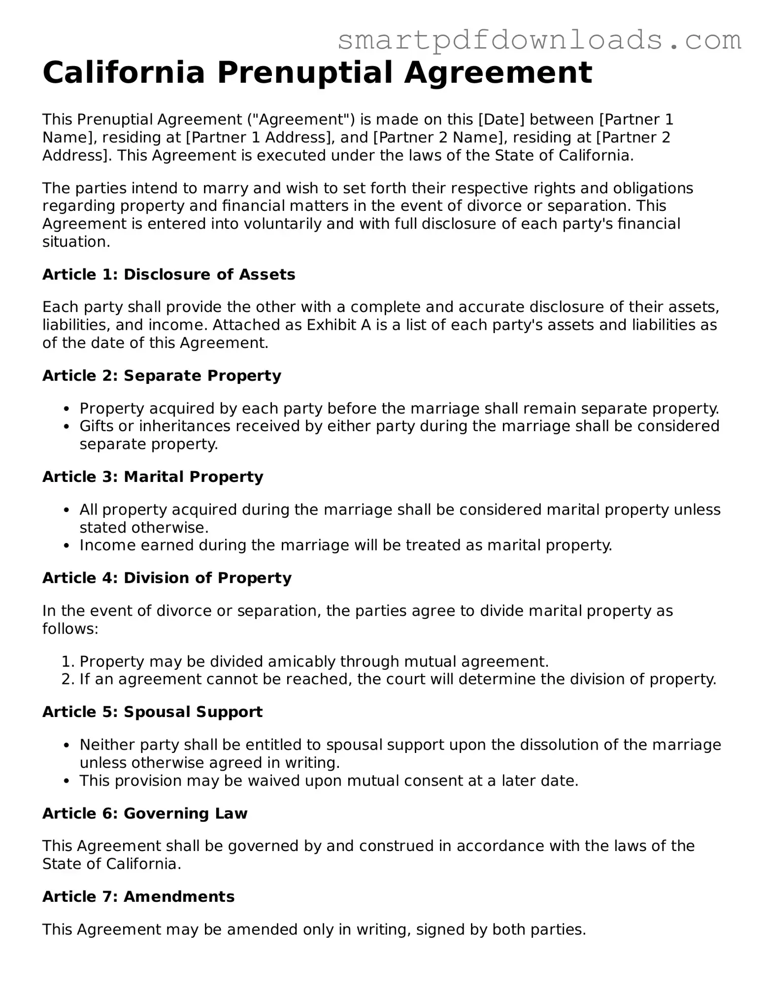 Legal Prenuptial Agreement Form for the State of California