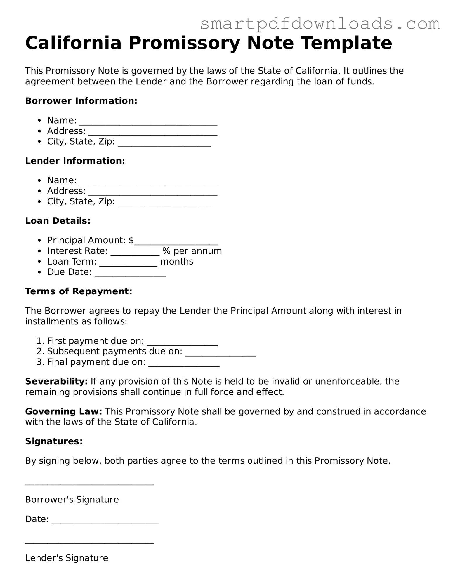 Legal Promissory Note Form for the State of California