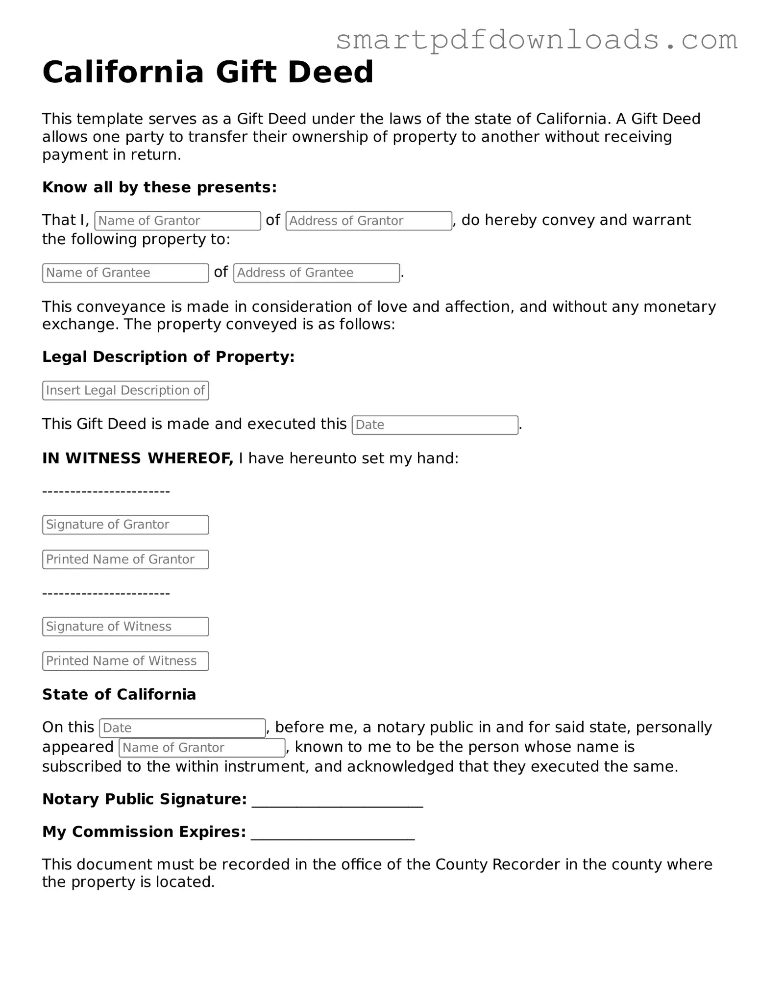 Legal Gift Deed Form for the State of California