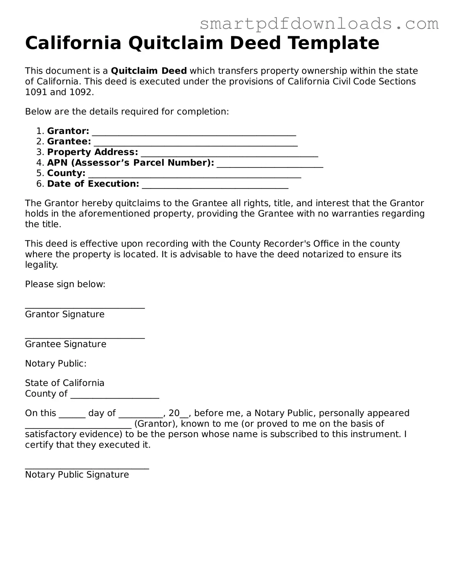 Legal Quitclaim Deed Form for the State of California
