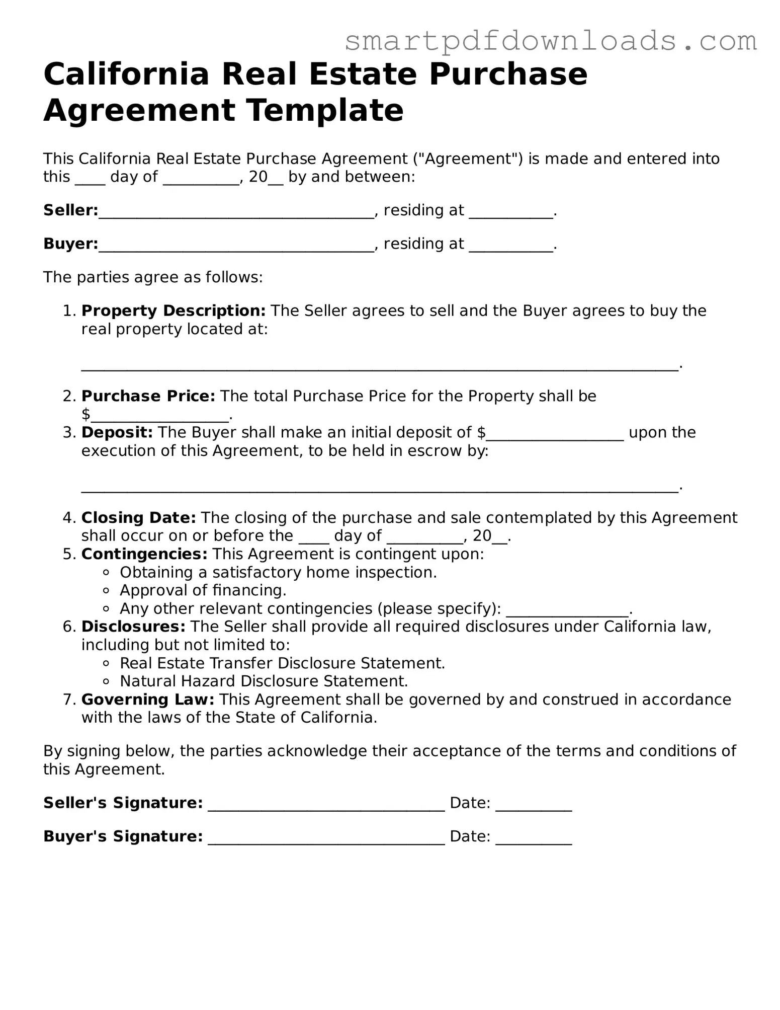 Legal Real Estate Purchase Agreement Form for the State of California