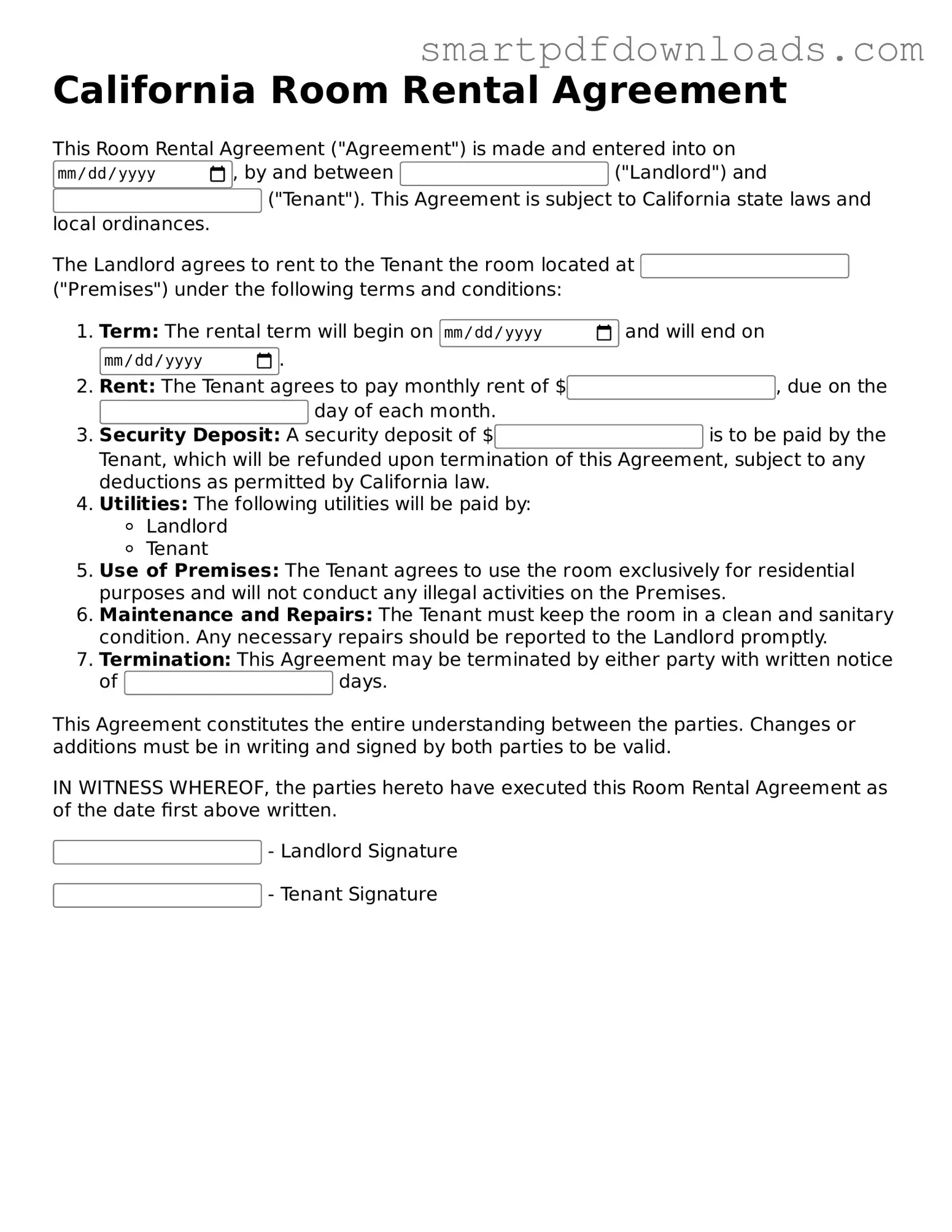 Legal Room Rental Agreement Form for the State of California