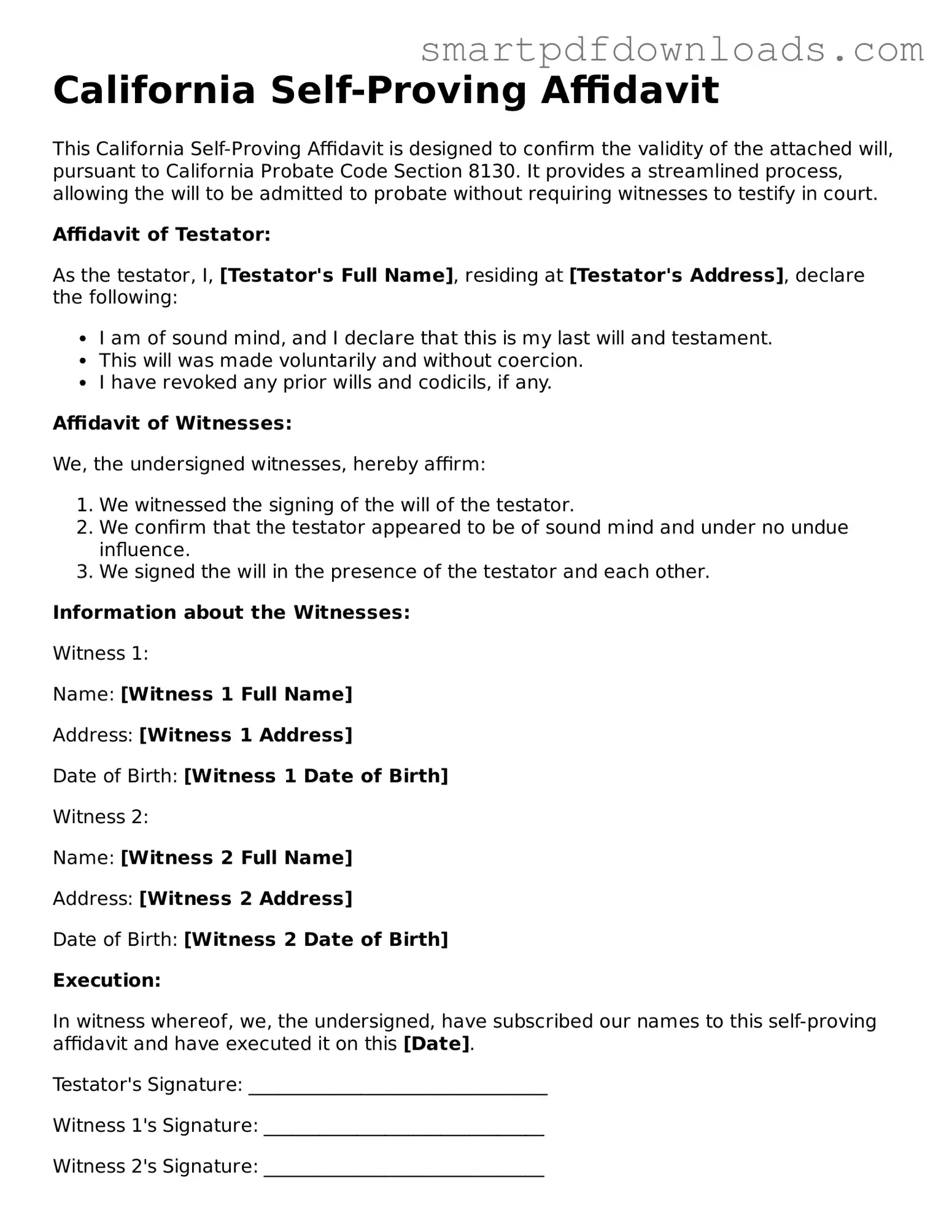 Legal Self-Proving Affidavit Form for the State of California