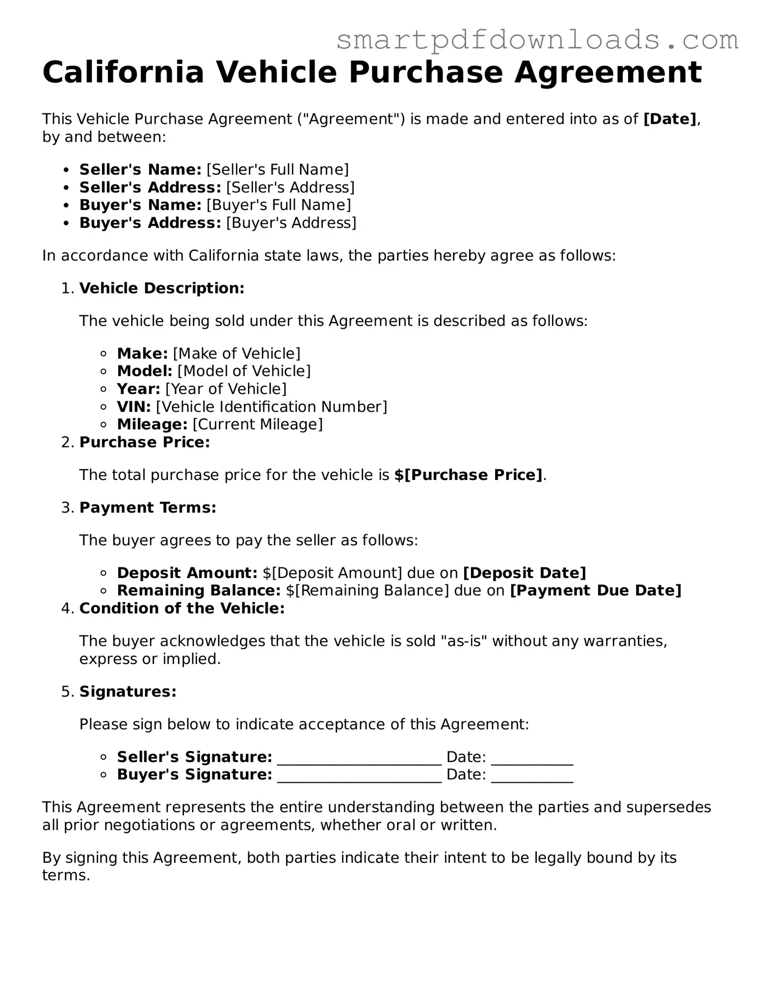 Legal Vehicle Purchase Agreement Form for the State of California