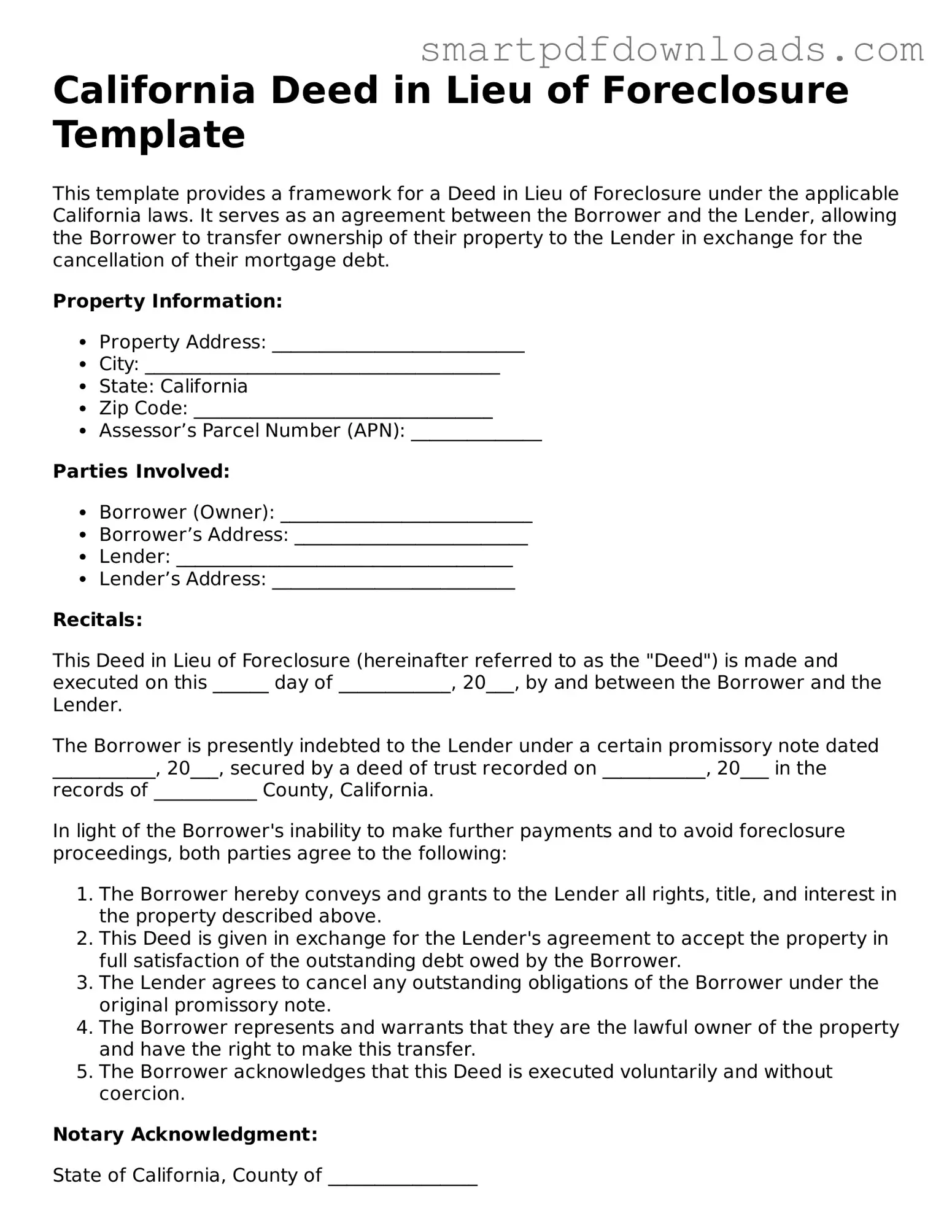 Legal Deed in Lieu of Foreclosure Form for the State of California