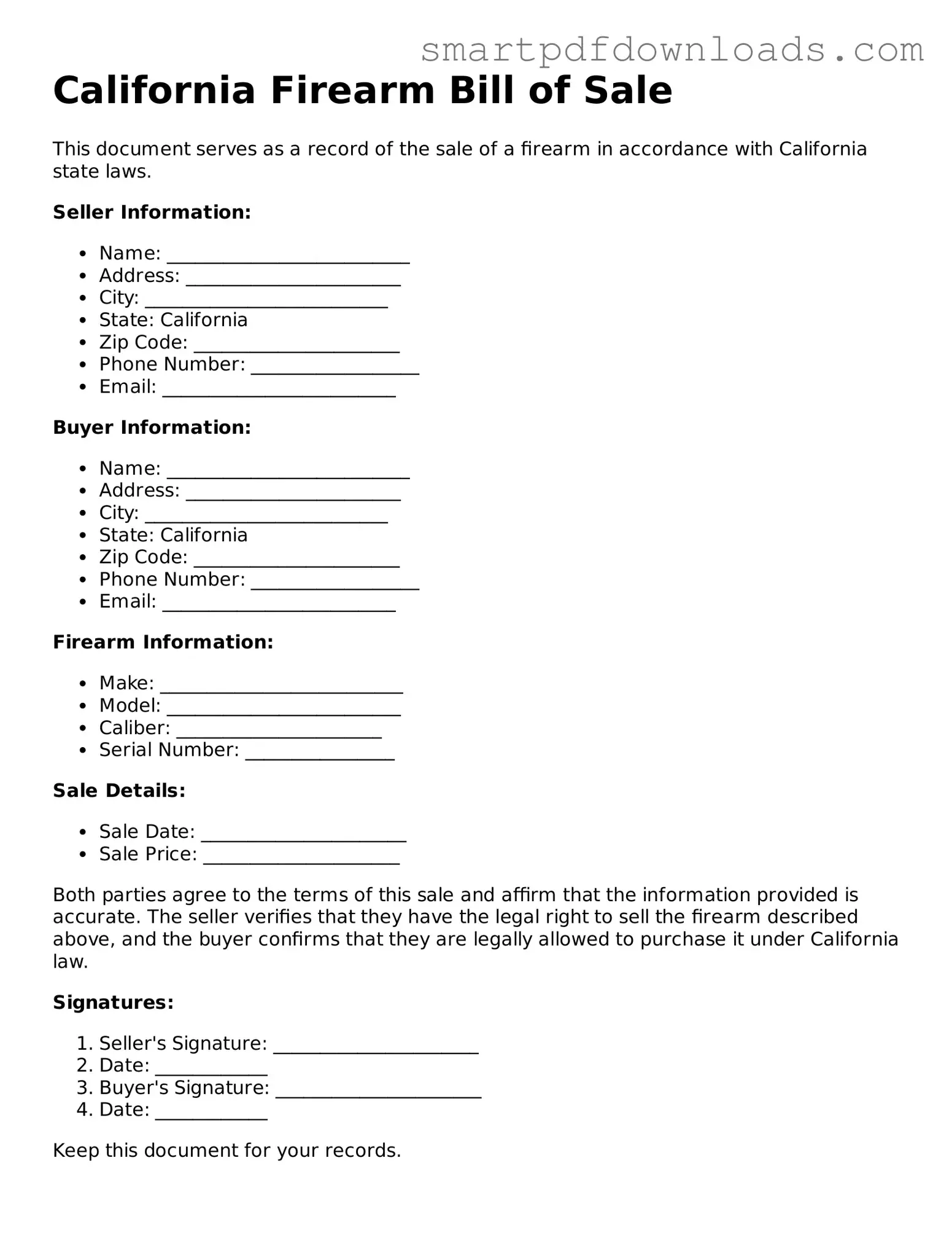 Legal Firearm Bill of Sale Form for the State of California