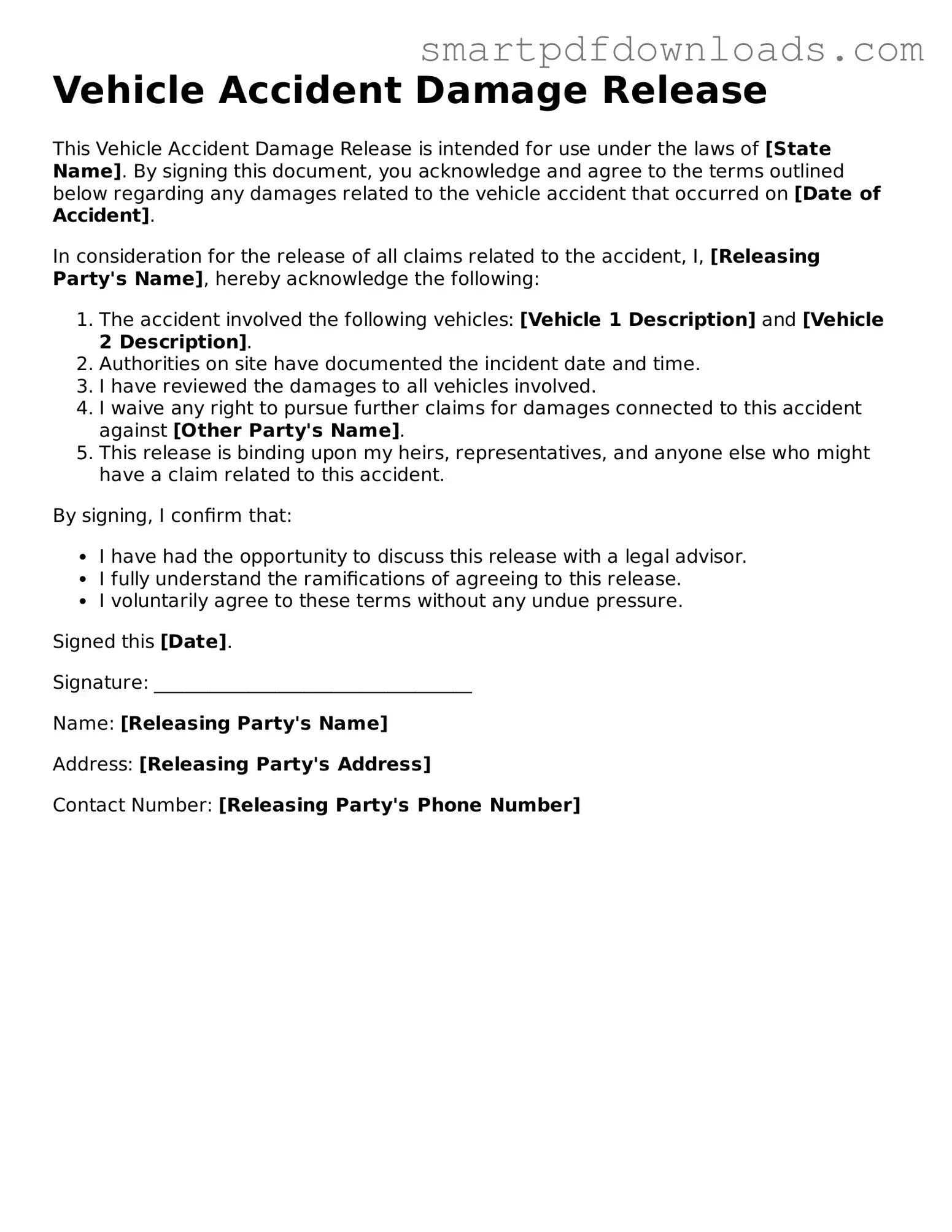 Free Vehicle Accident Damage Release Form