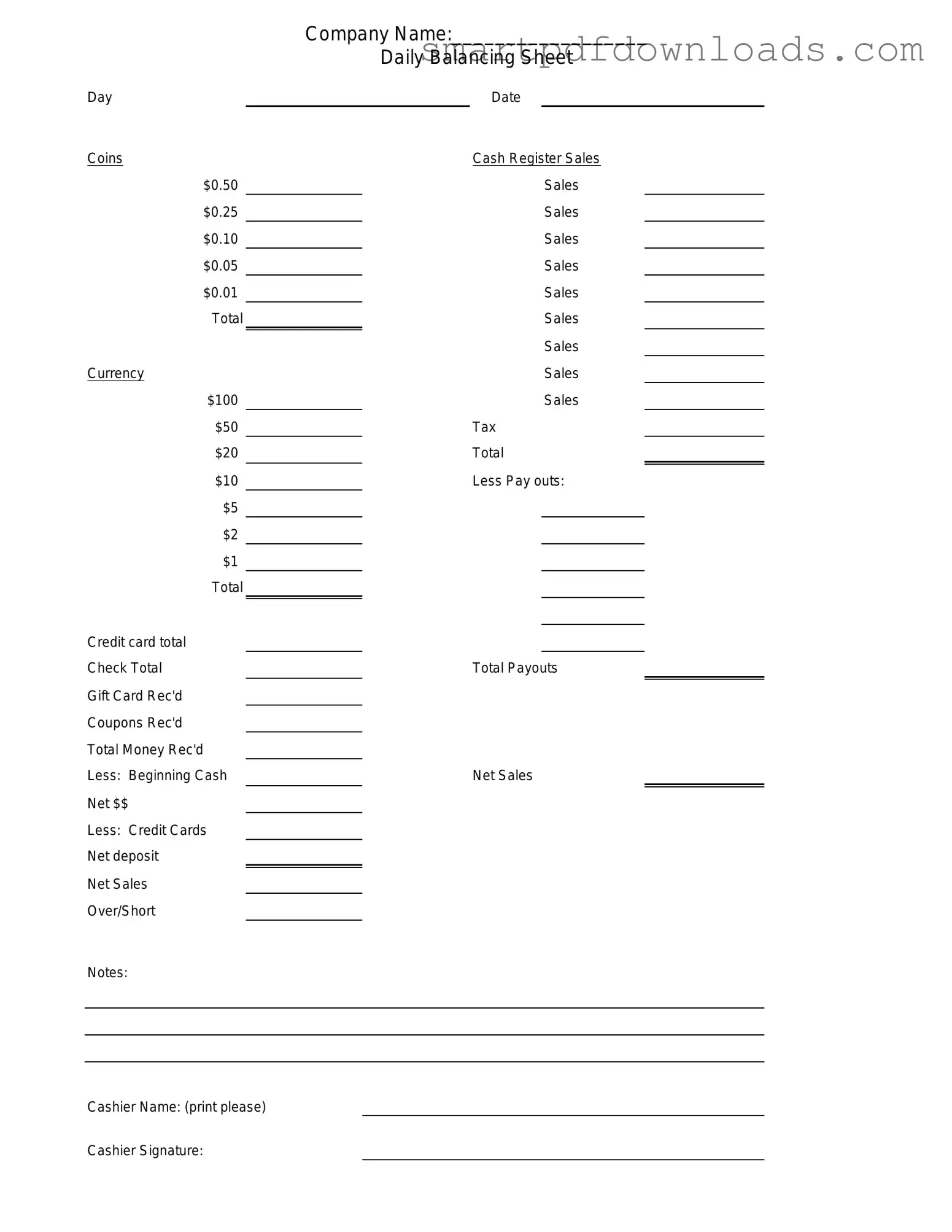 Cash Drawer Count Sheet Form