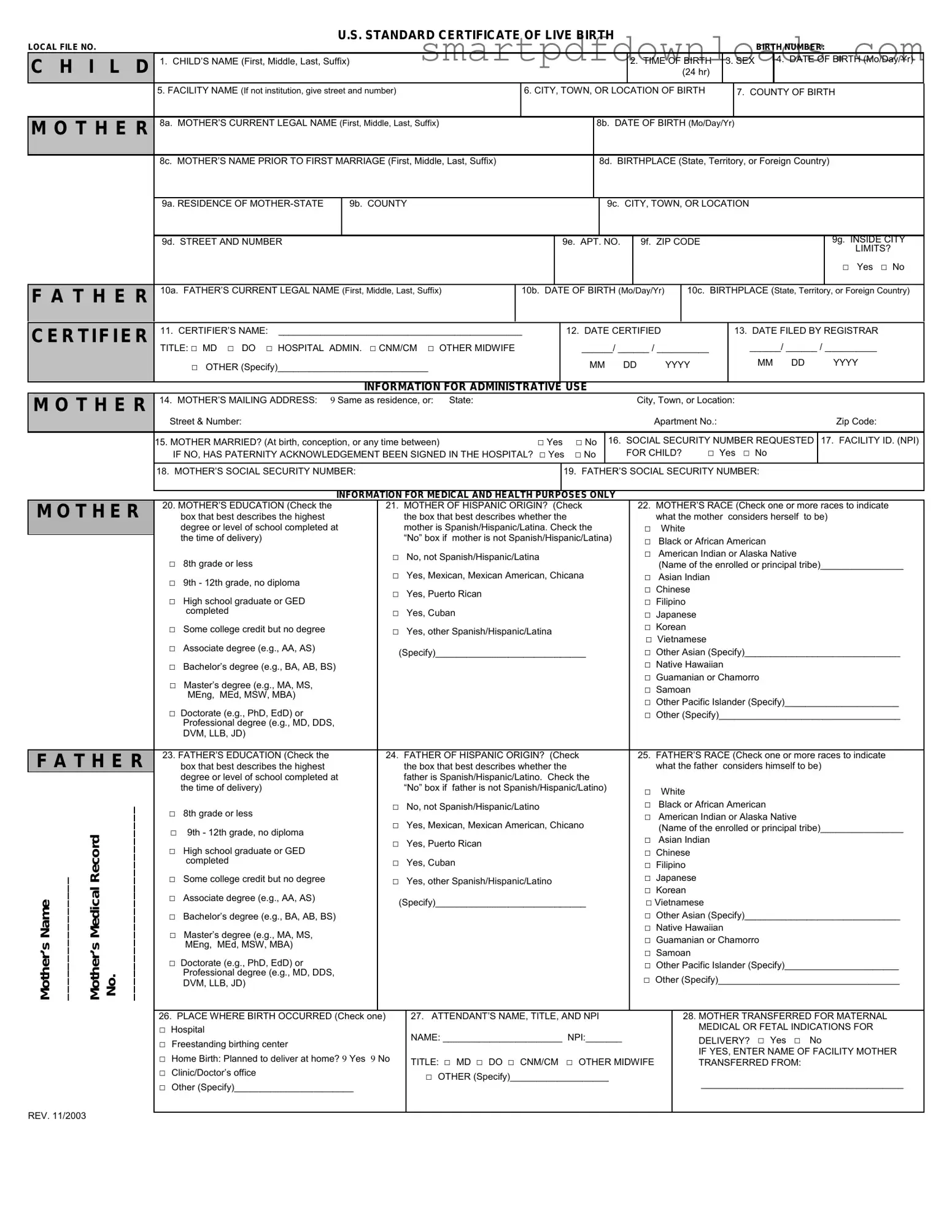 CDC U.S. Standard Certificate of Live Birth Form
