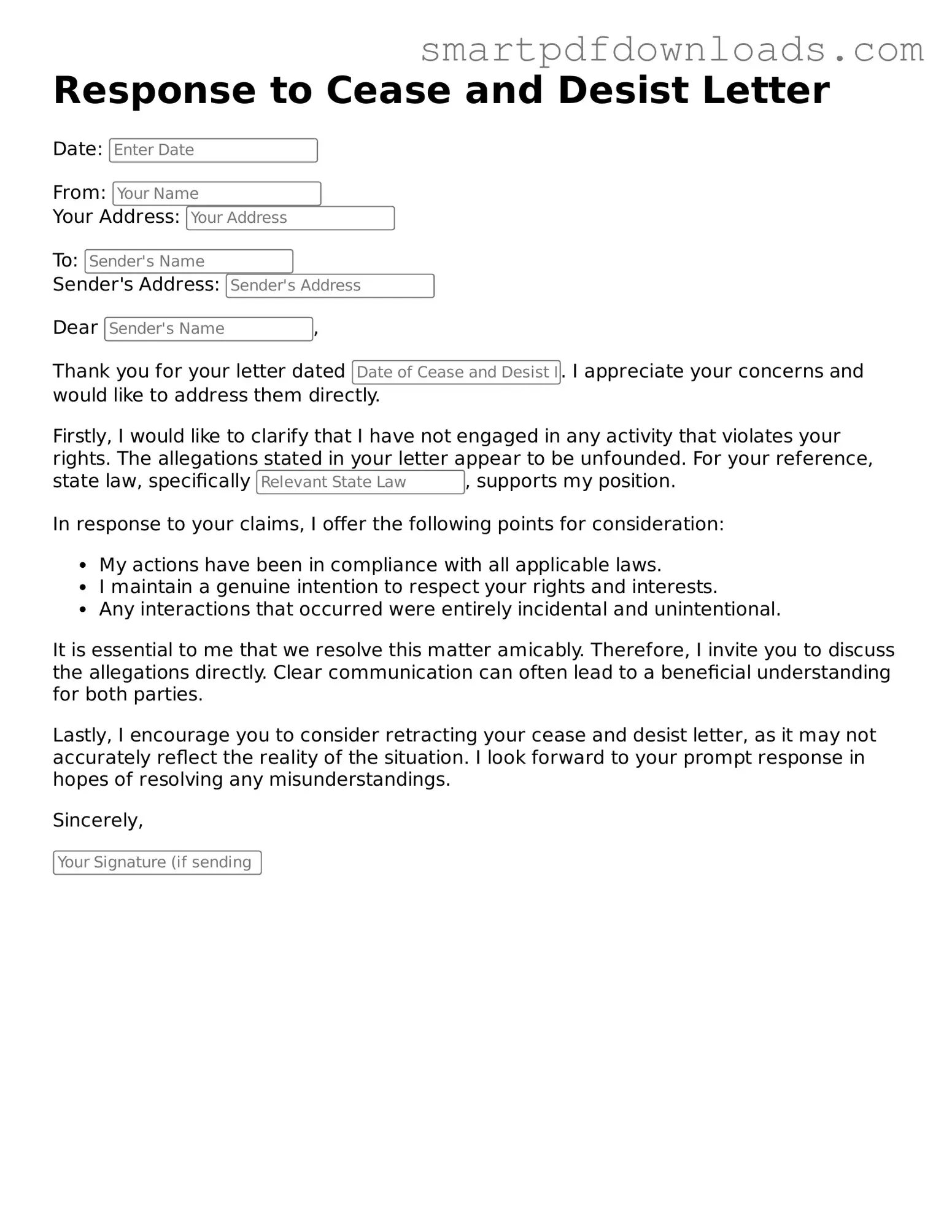 Free Response to a Cease and Desist Letter Form