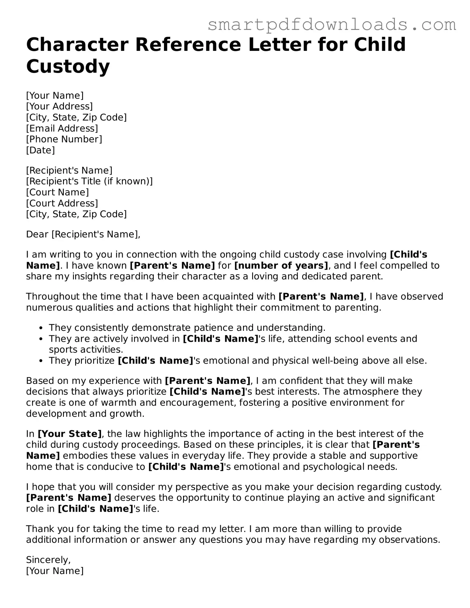 Free Character Reference Letter for Child Custody Form