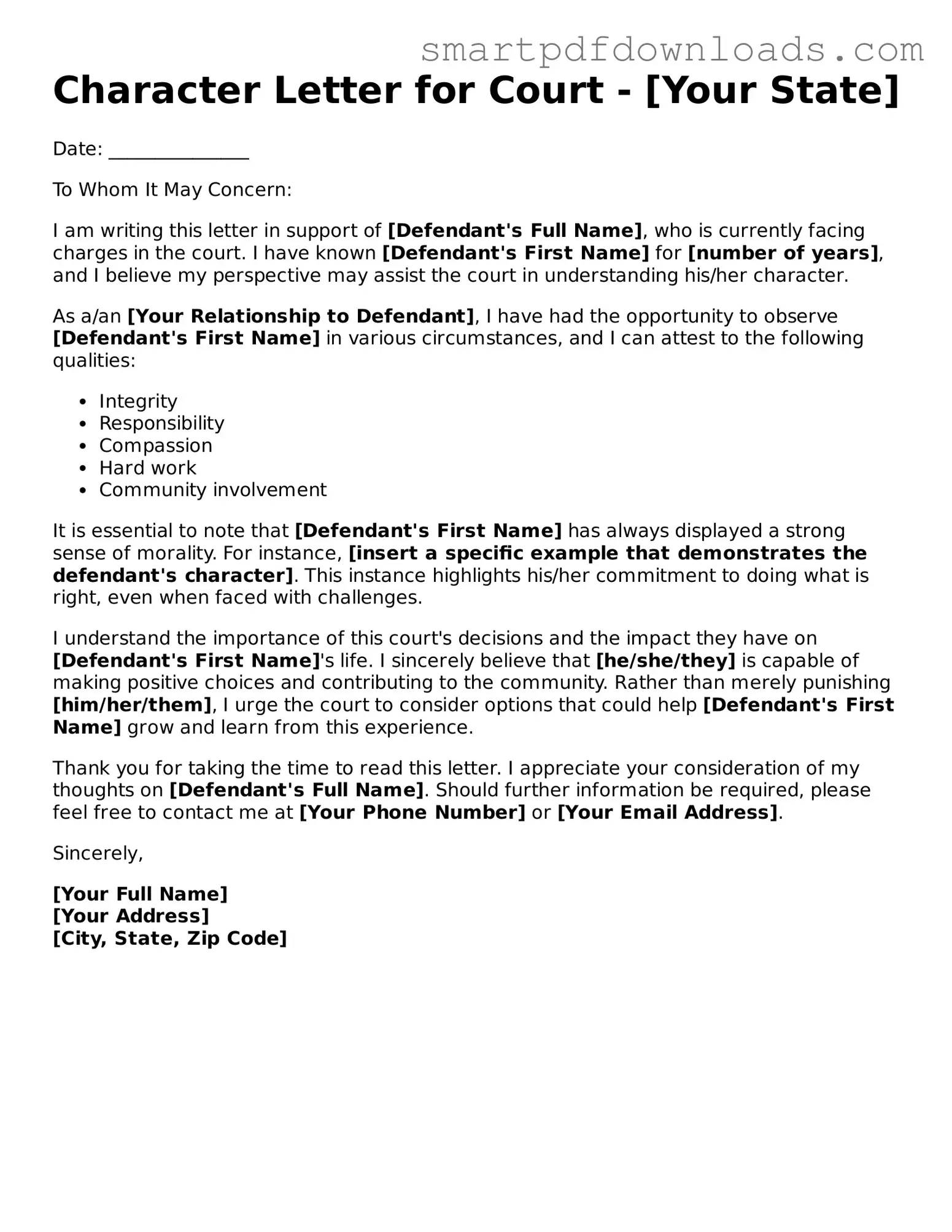 Free Character Letter for Court Form