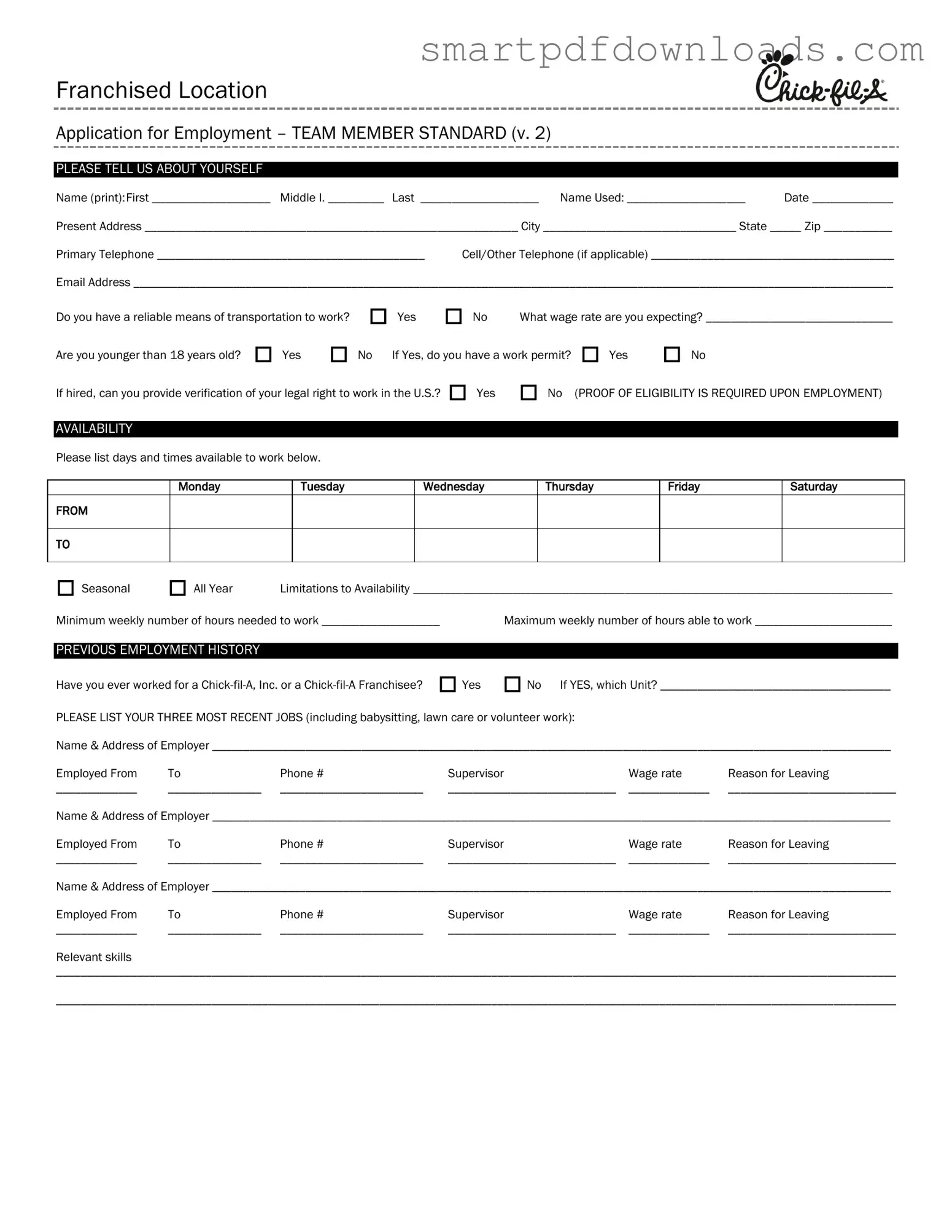 Chick Fil A Job Application Form