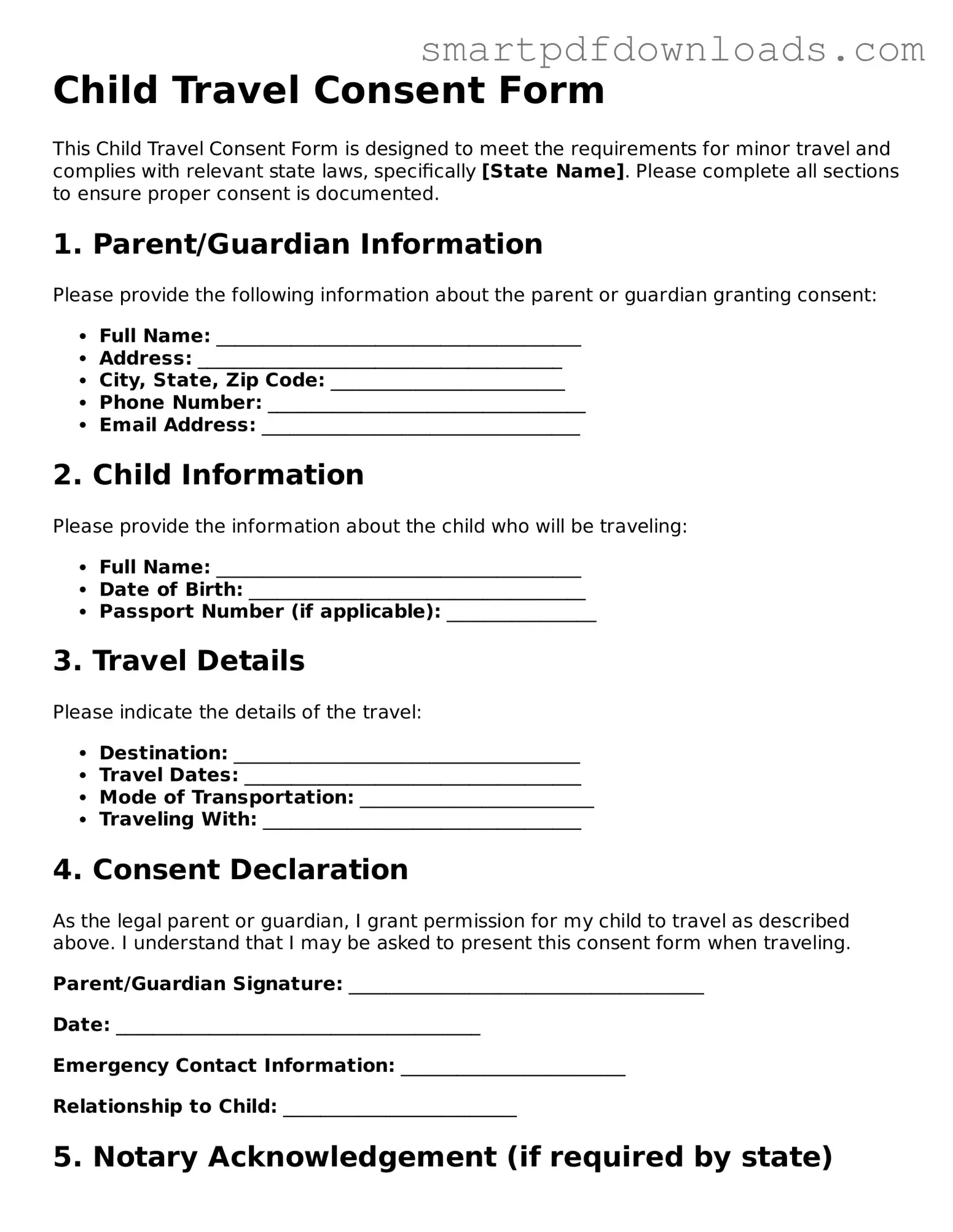 Free Child Travel Consent Form Form