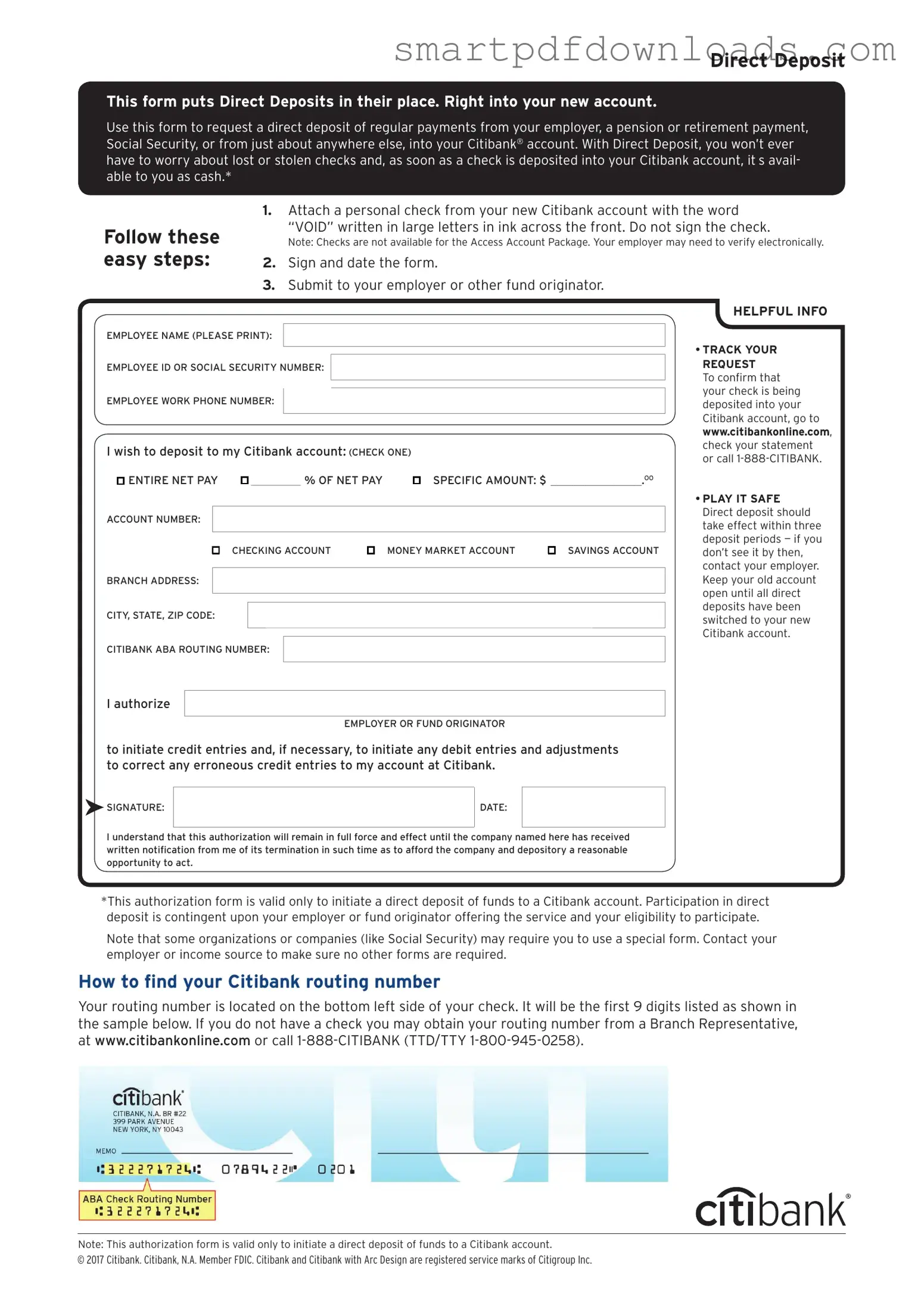Citibank Direct Deposit Form