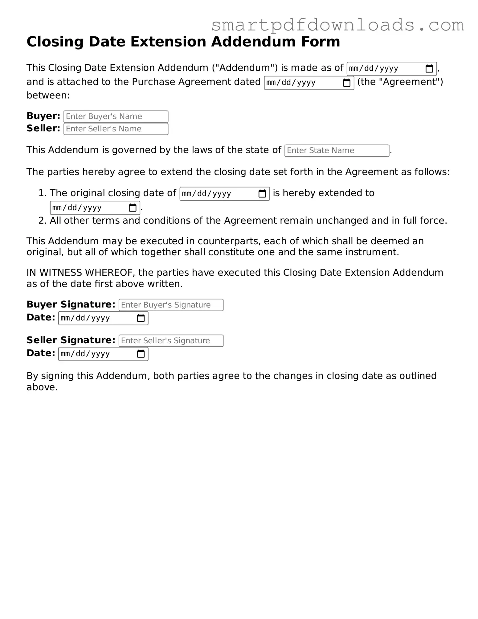 Free Closing Date Extension Addendum Form Form