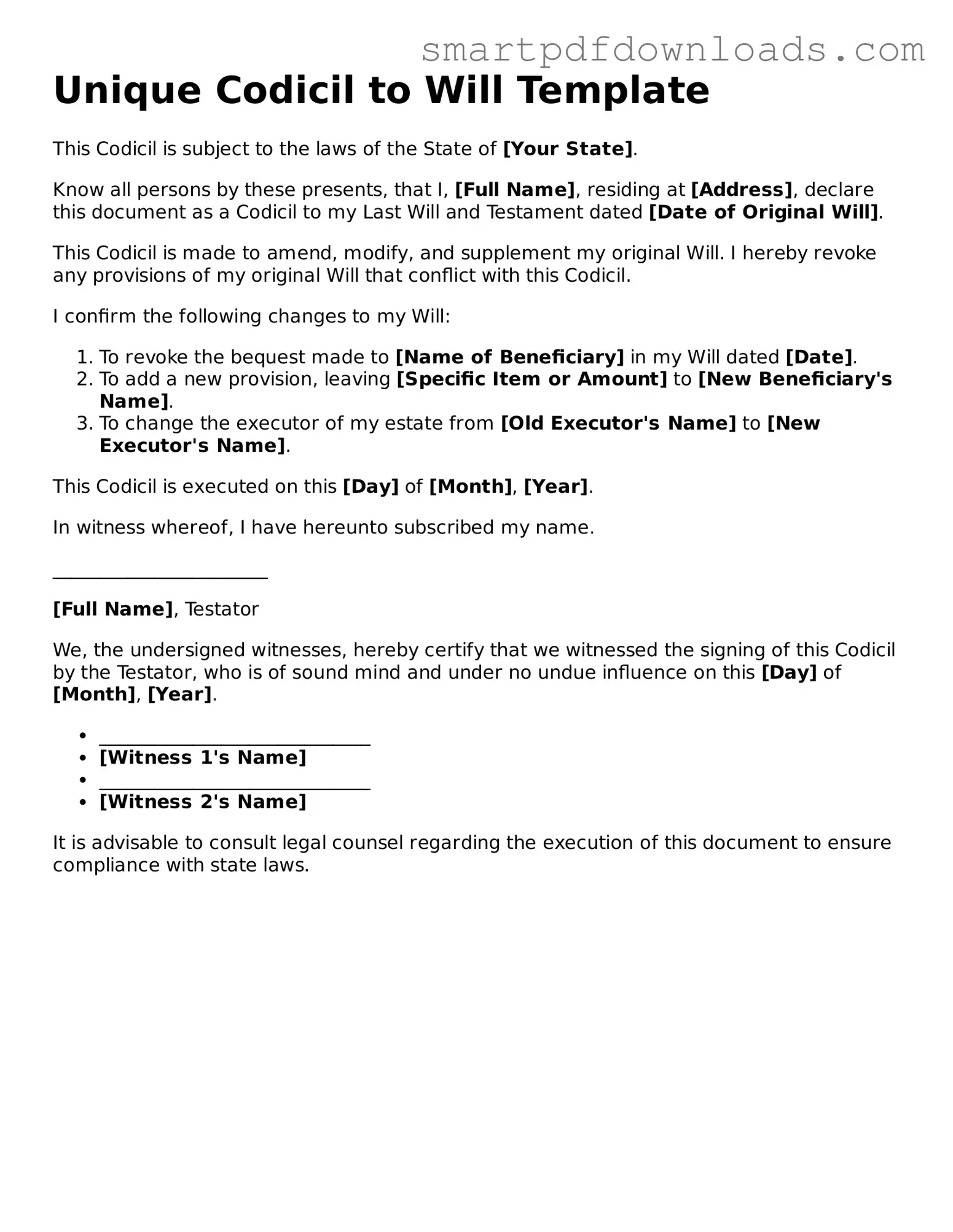 Free Codicil to Will Form