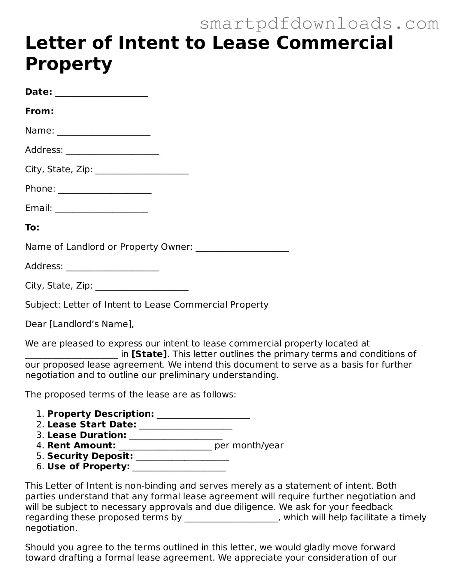Free Letter of Intent to Lease Commercial Property Form