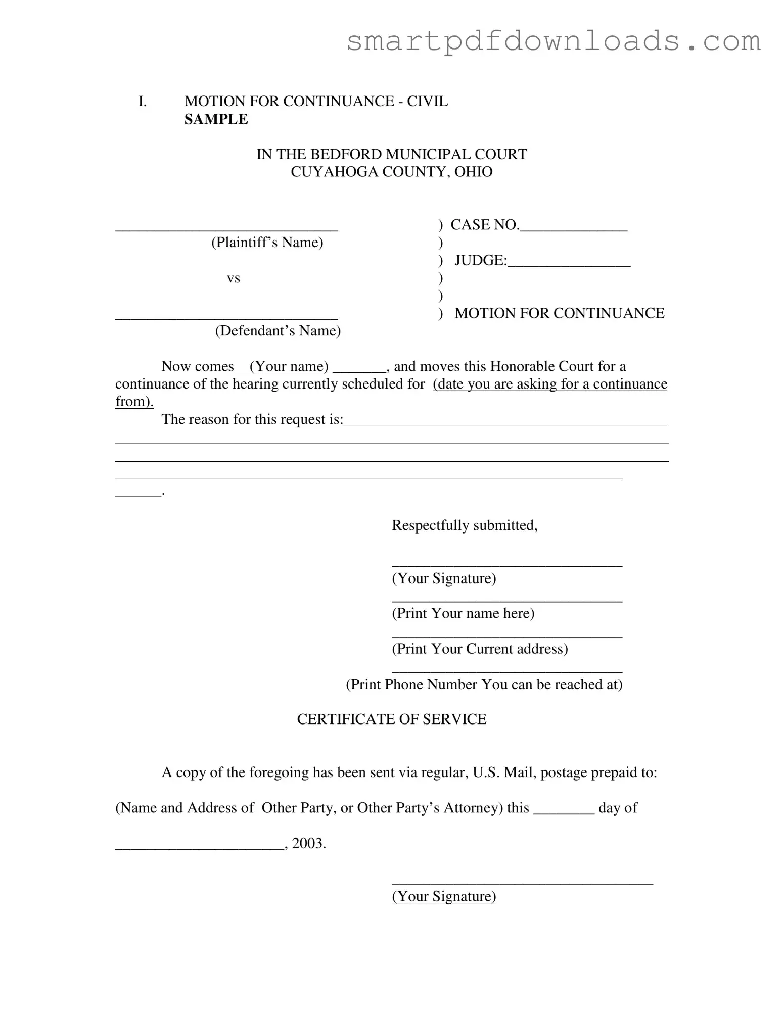 Motion For Continuance Form