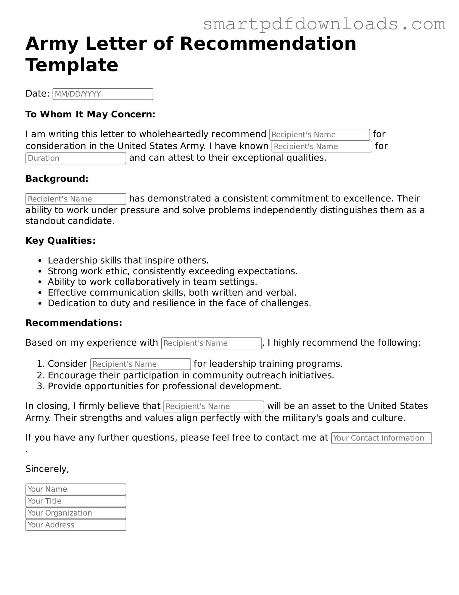 Free Army Letter of Recommendation Form