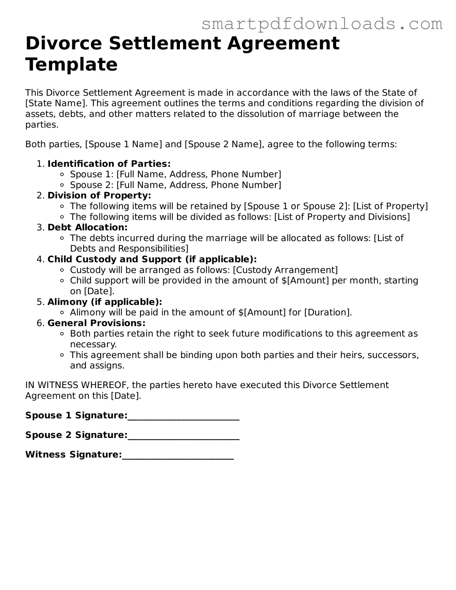 Free Divorce Settlement Agreement Form