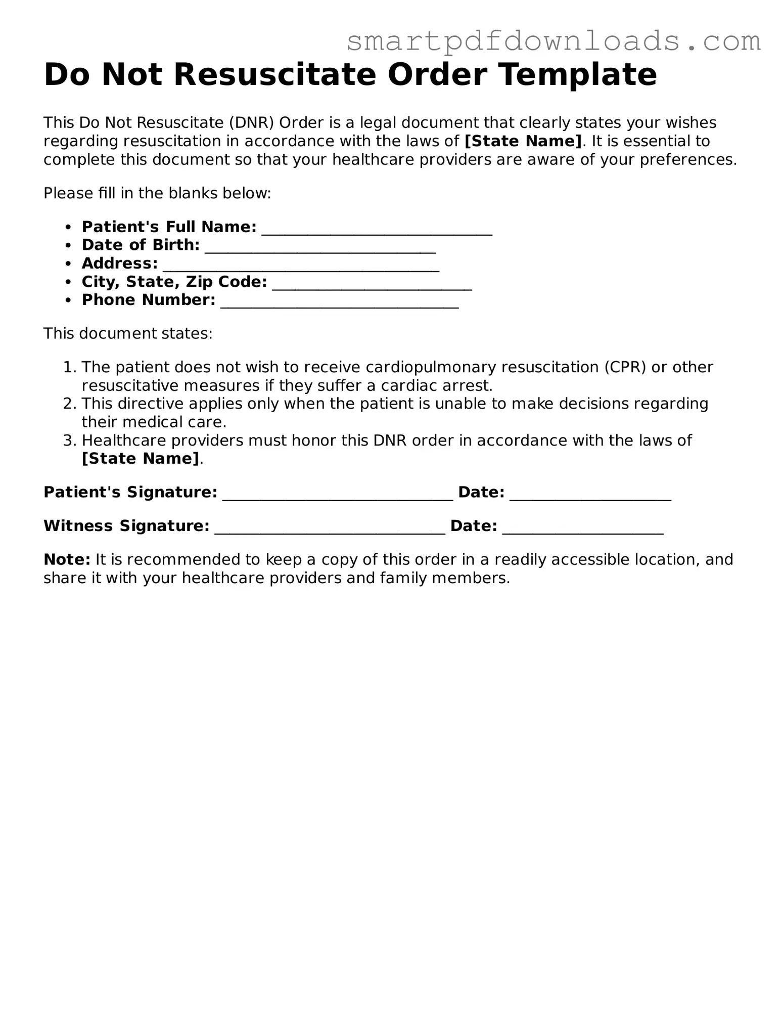 Free Do Not Resuscitate Order Form