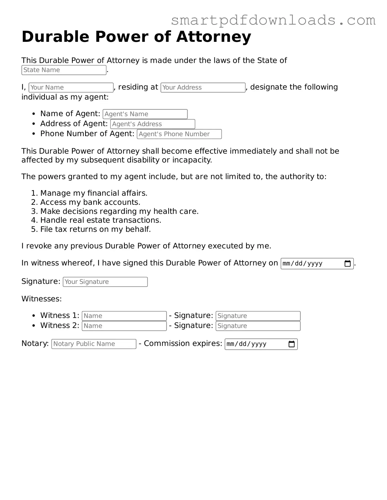 Free Durable Power of Attorney Form