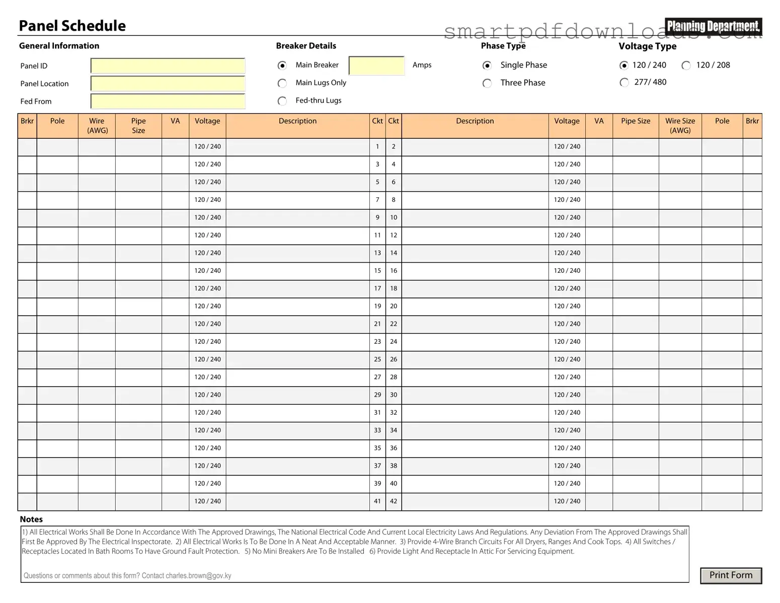 Electrical Panel Schedule Form