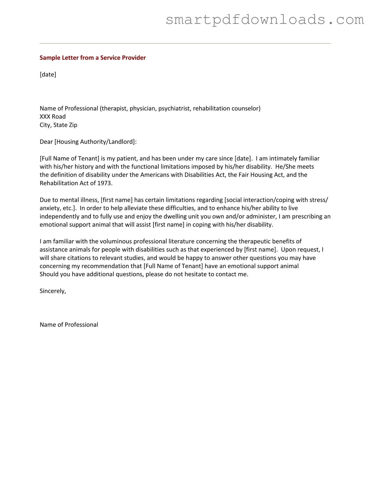 Emotional Support Animal Letter Form