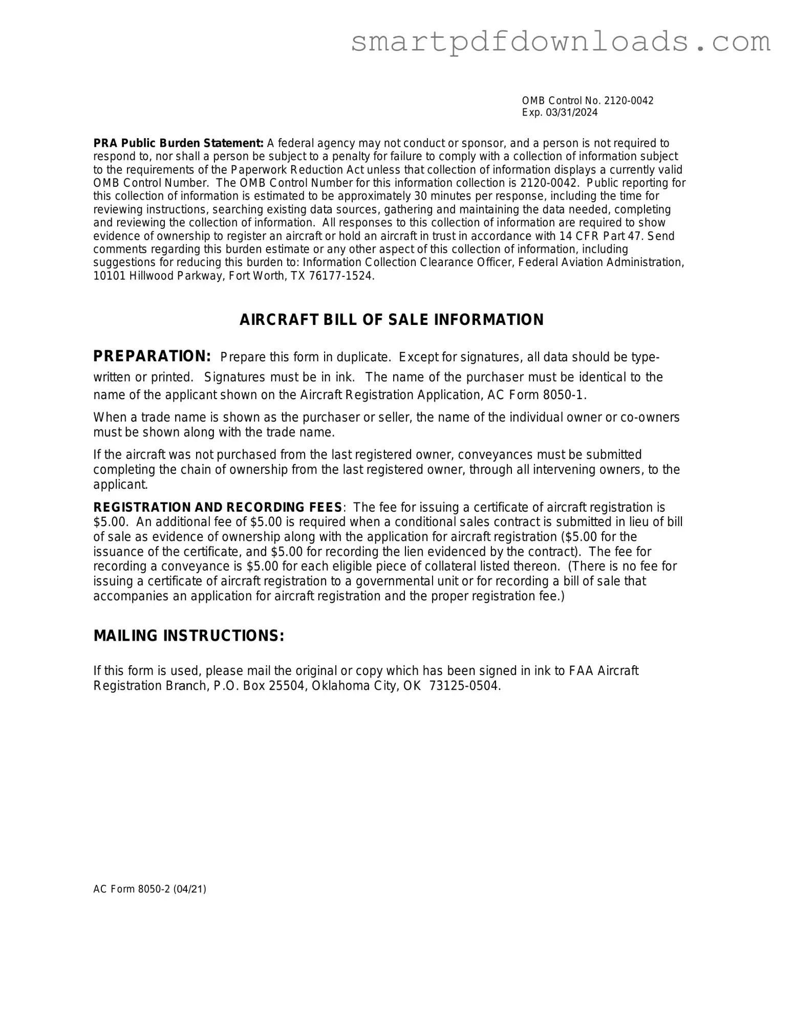 Aircraft Bill of Sale AC 8050-2 Form