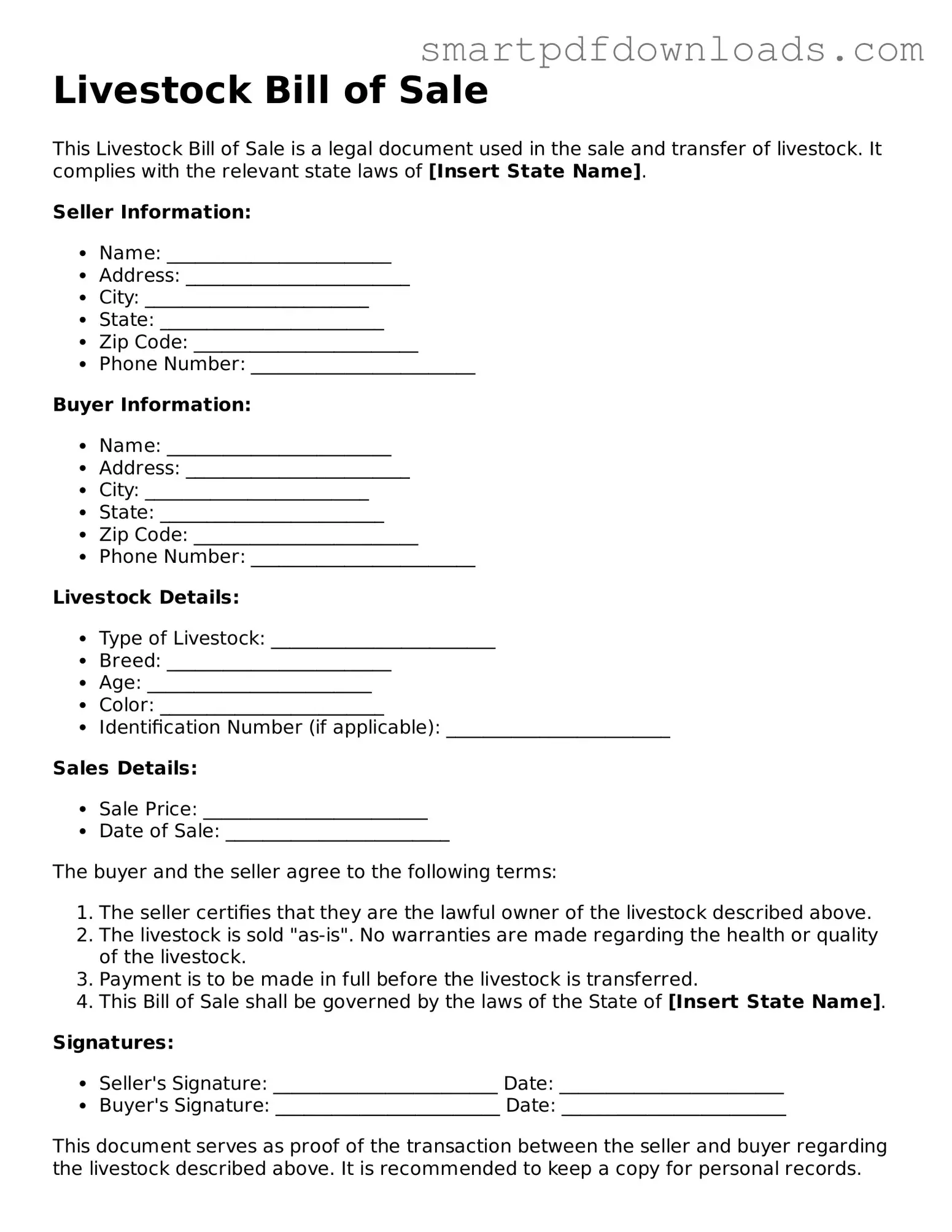 Free Livestock Bill of Sale Form