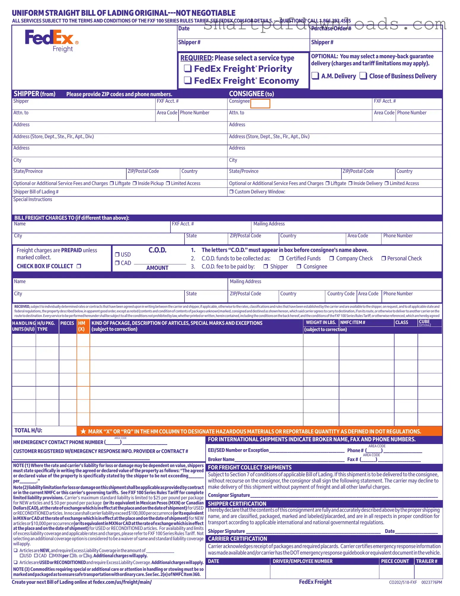 Fedex Bill Of Lading Form
