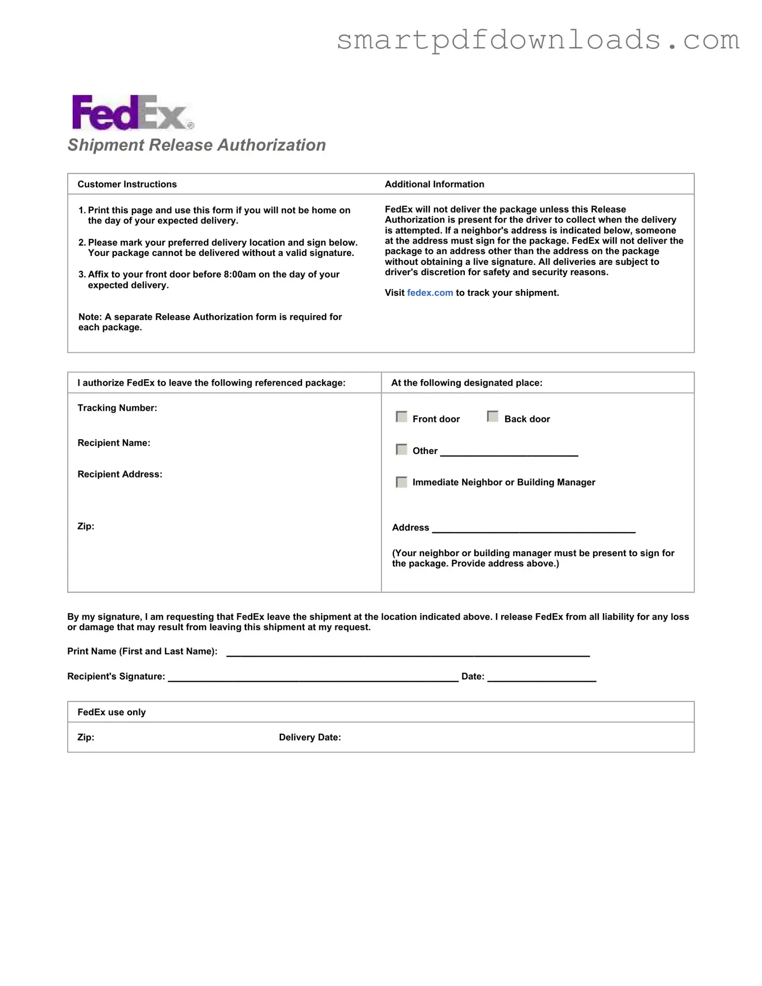Fedex Release Form