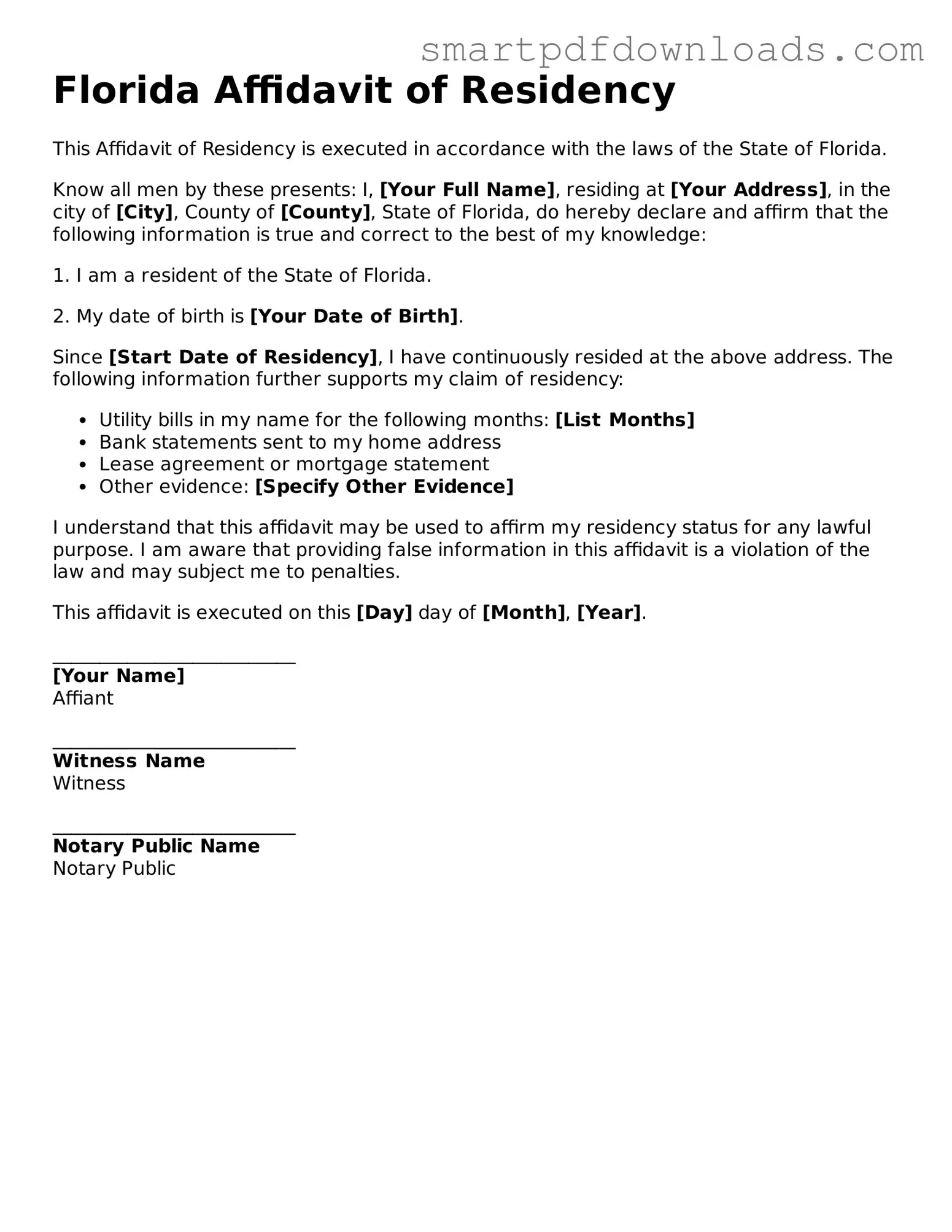 Legal Affidavit of Residency Form for the State of Florida