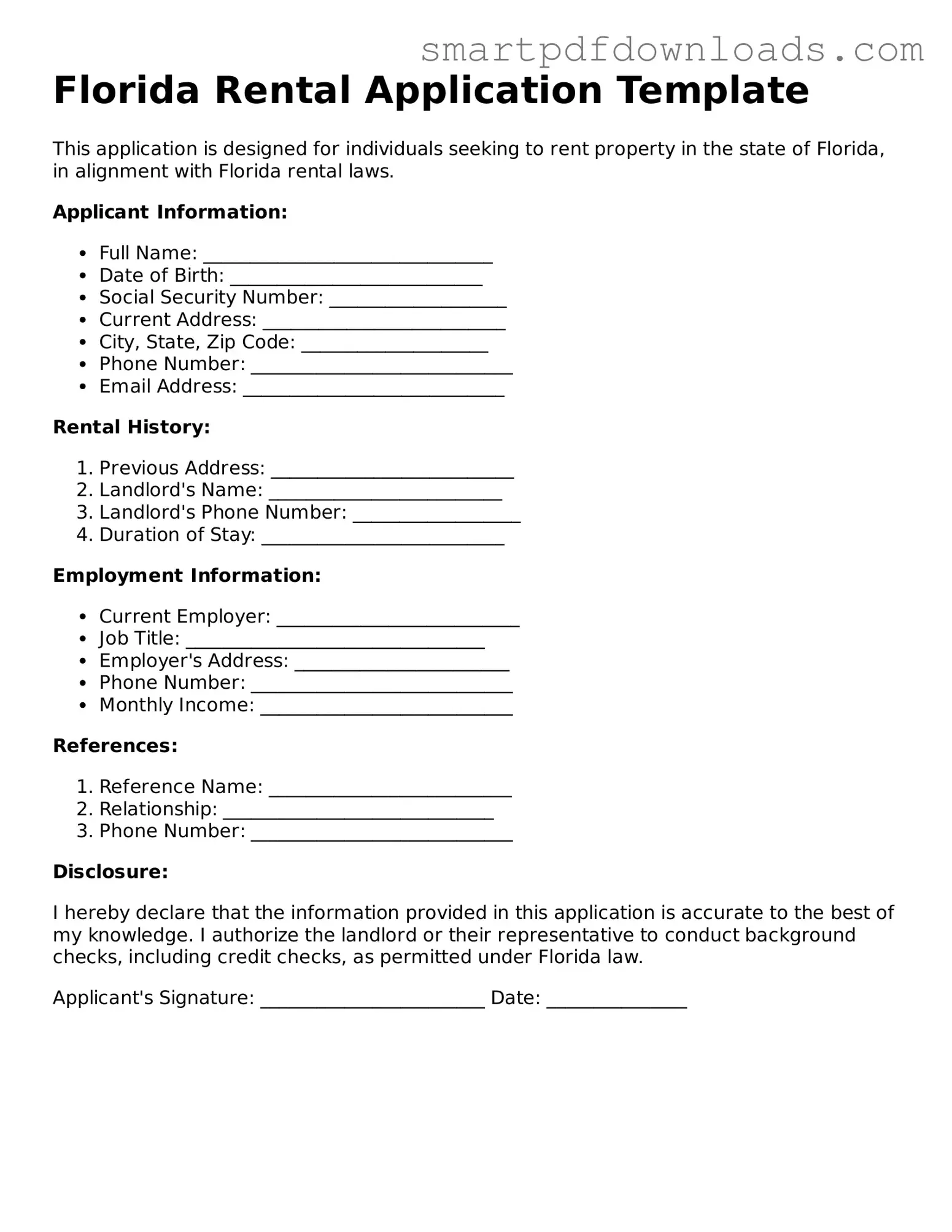 Legal Rental Application Form for the State of Florida