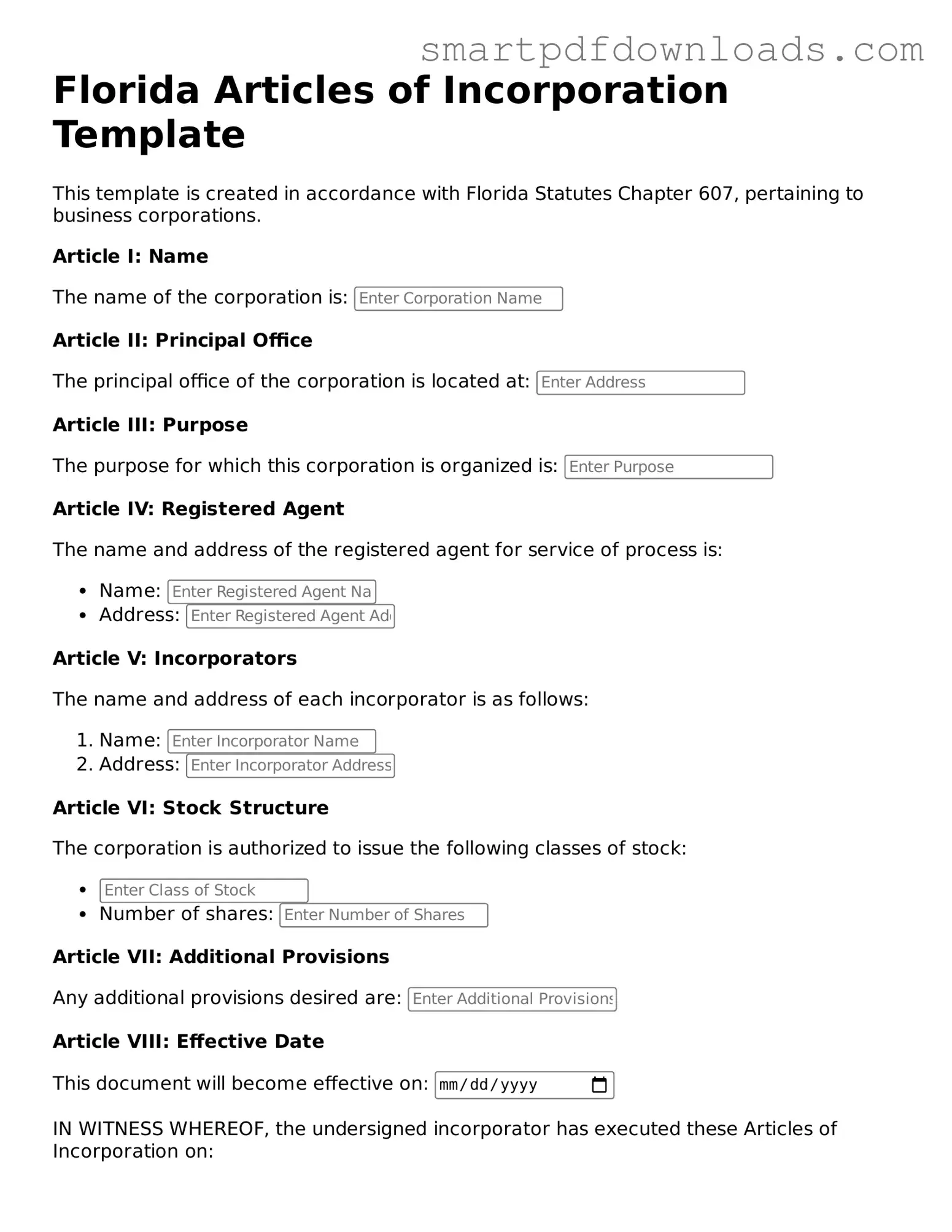 Legal Articles of Incorporation Form for the State of Florida