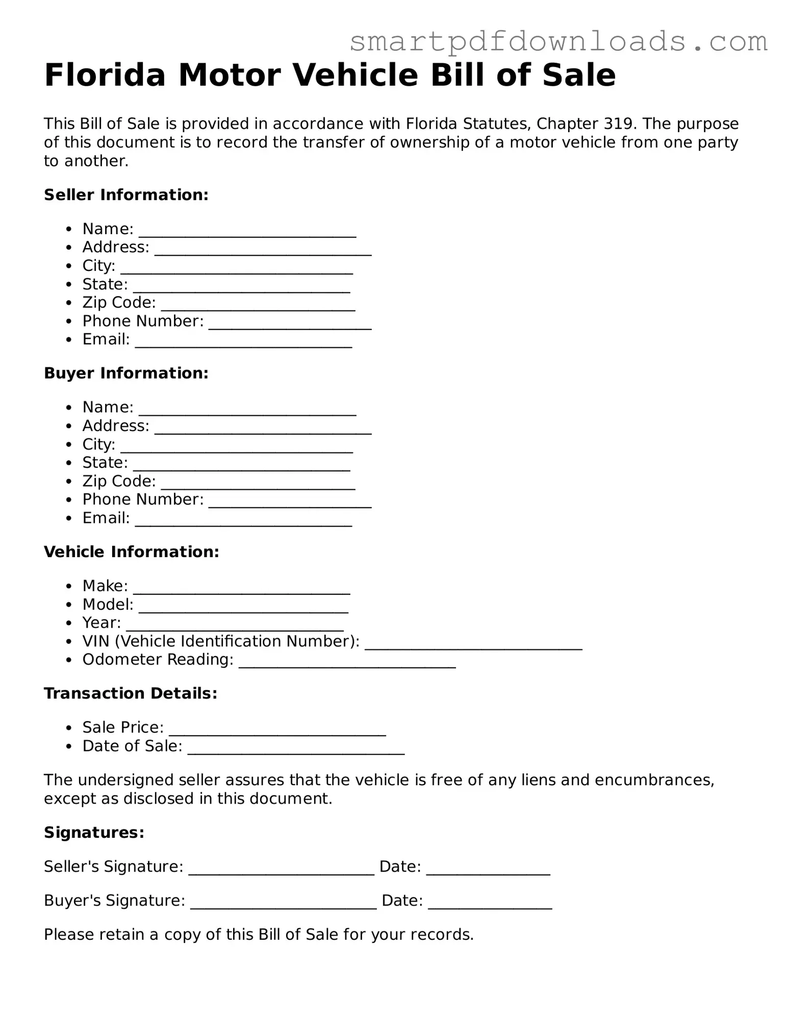 Legal Motor Vehicle Bill of Sale Form for the State of Florida
