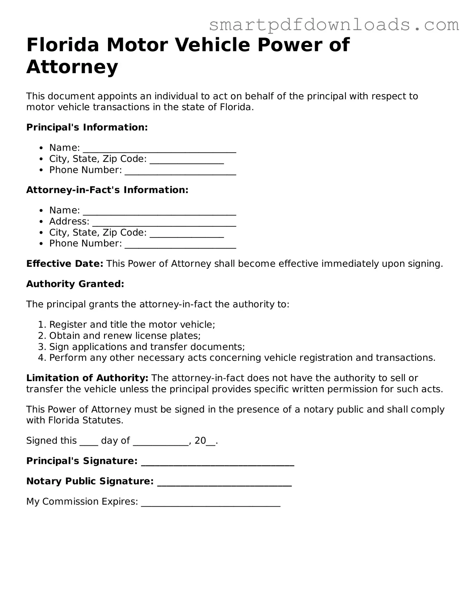 Legal Motor Vehicle Power of Attorney Form for the State of Florida