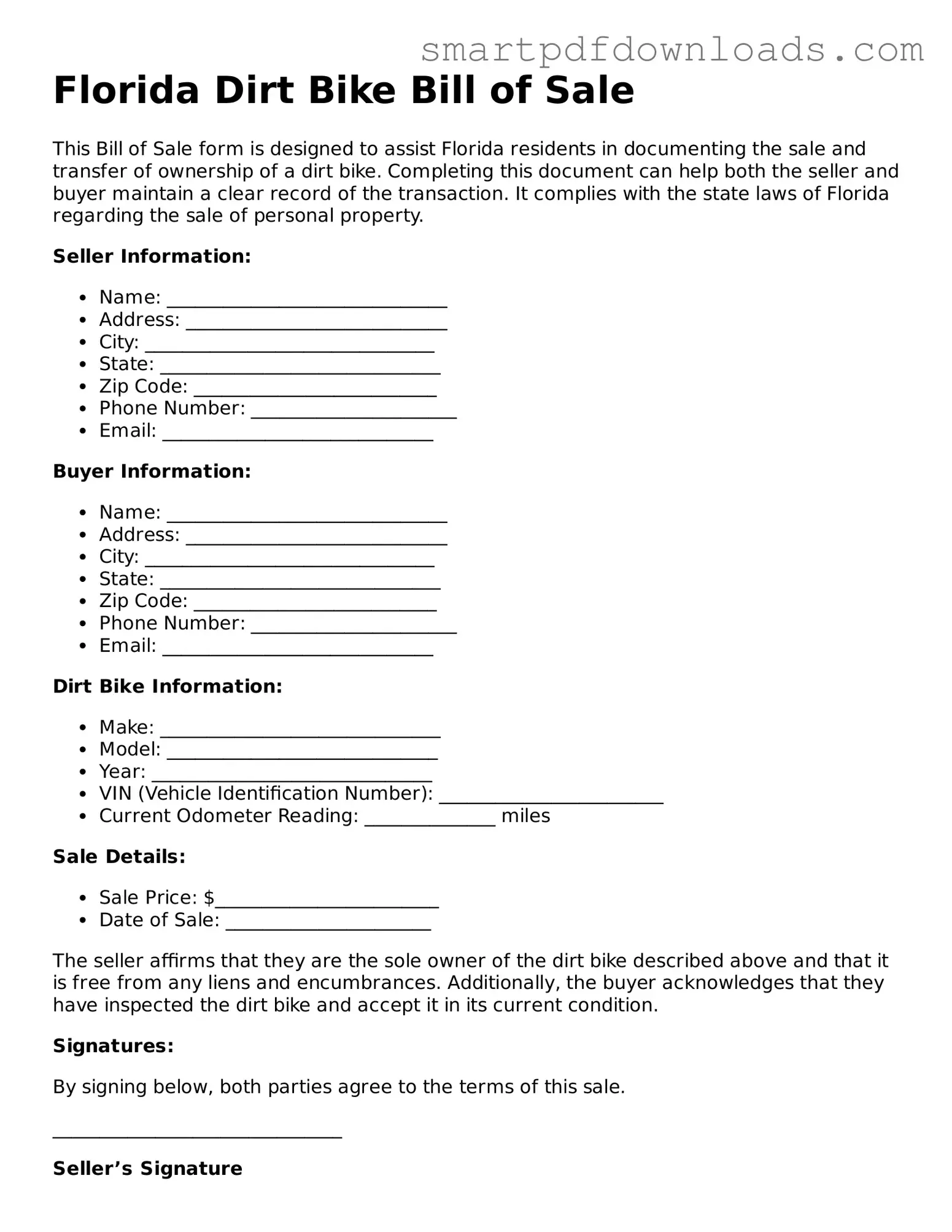 Legal Dirt Bike Bill of Sale Form for the State of Florida