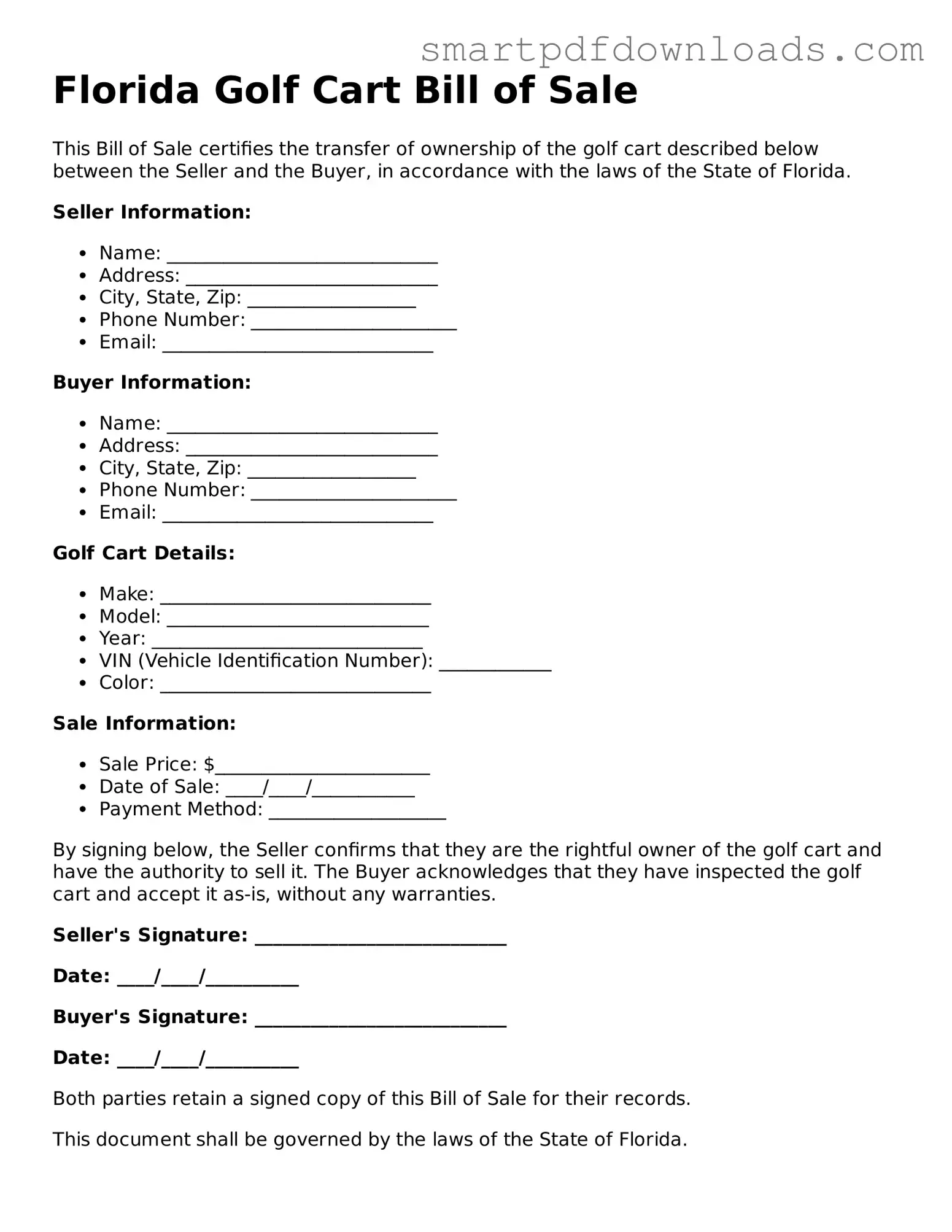 Legal Golf Cart Bill of Sale Form for the State of Florida
