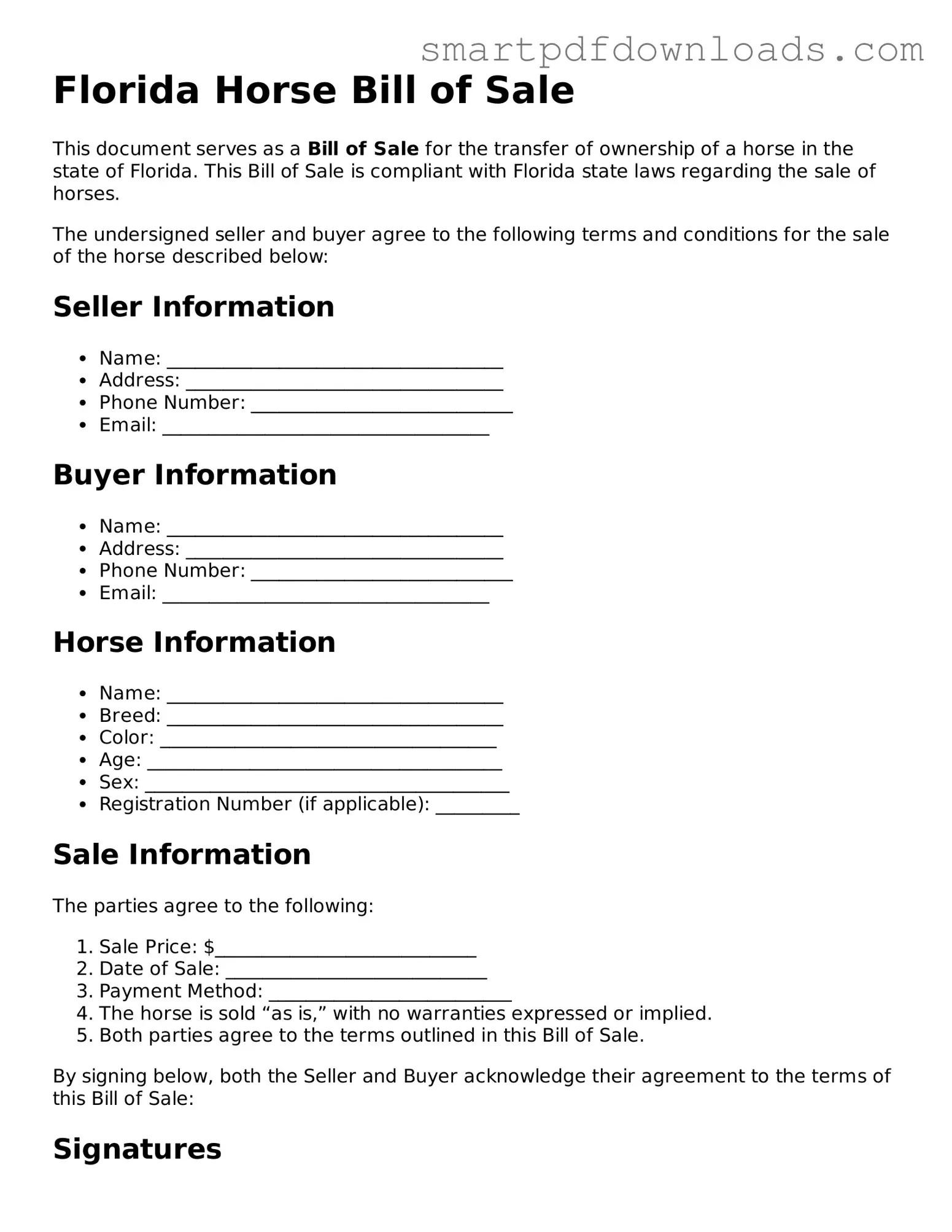 Legal Horse Bill of Sale Form for the State of Florida
