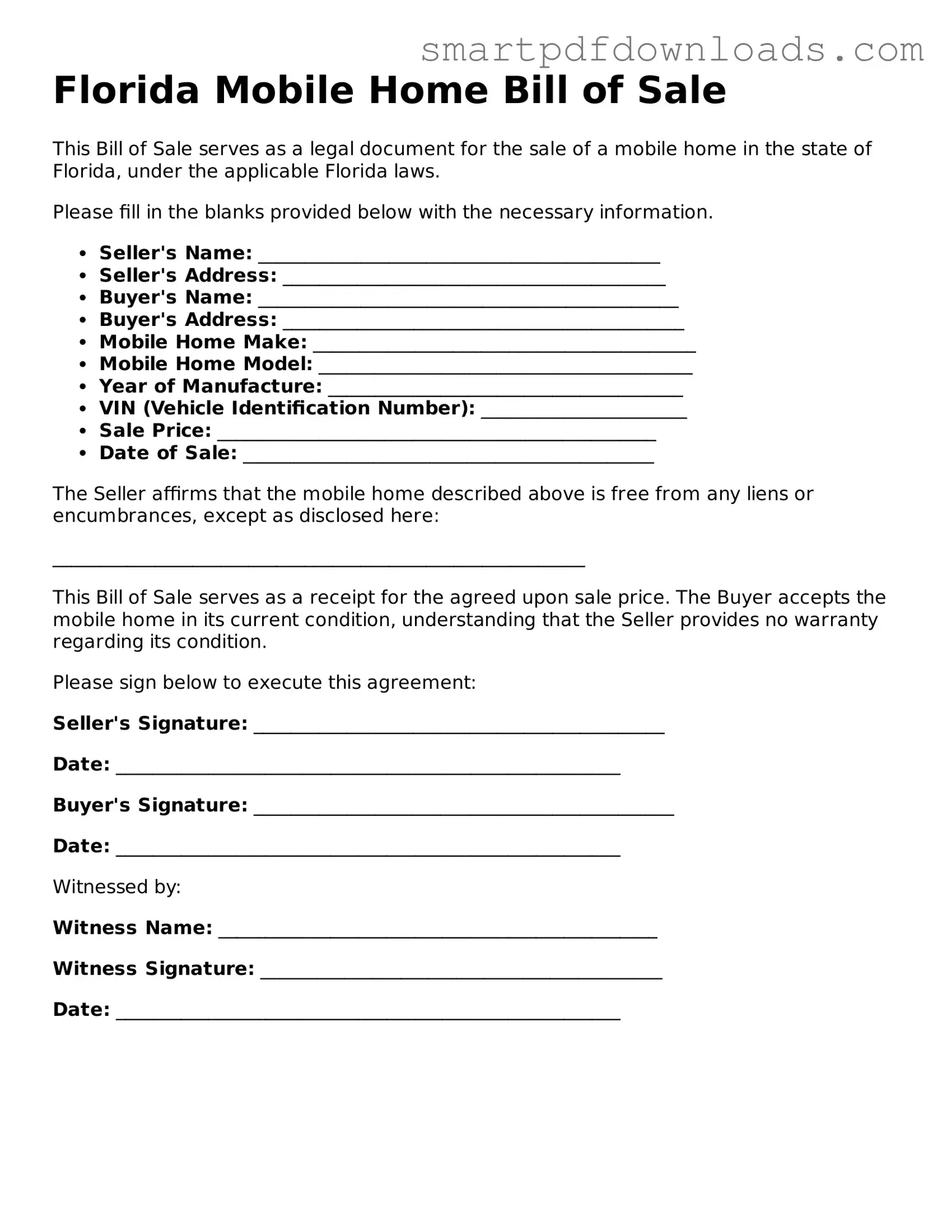 Legal Mobile Home Bill of Sale Form for the State of Florida