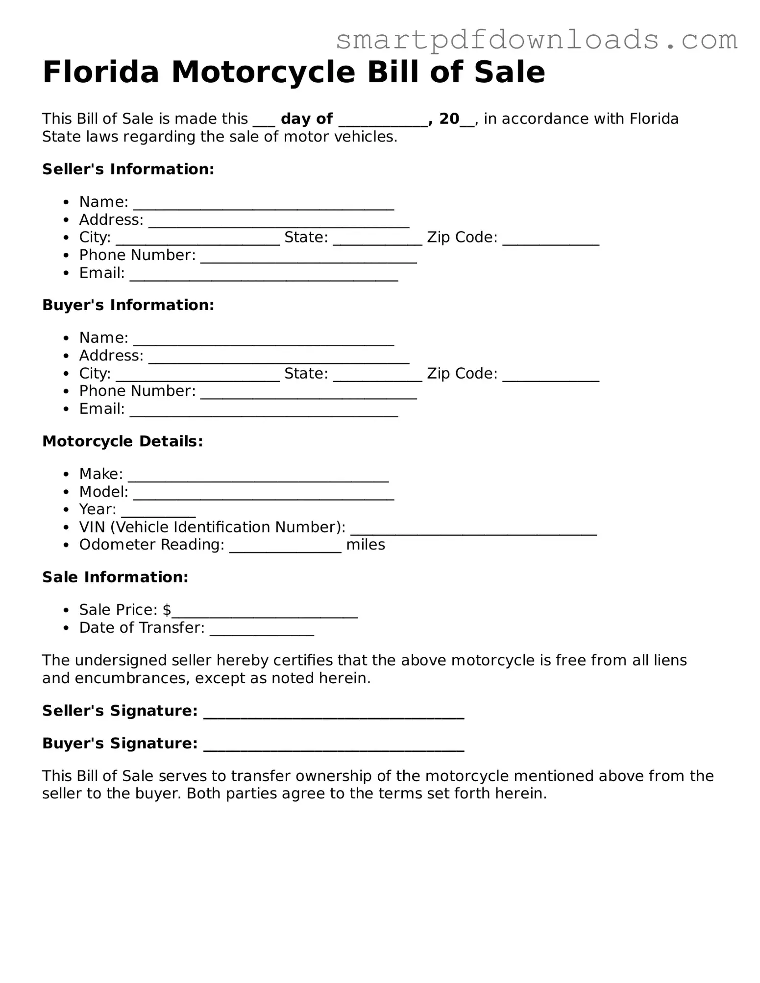 Legal Motorcycle Bill of Sale Form for the State of Florida