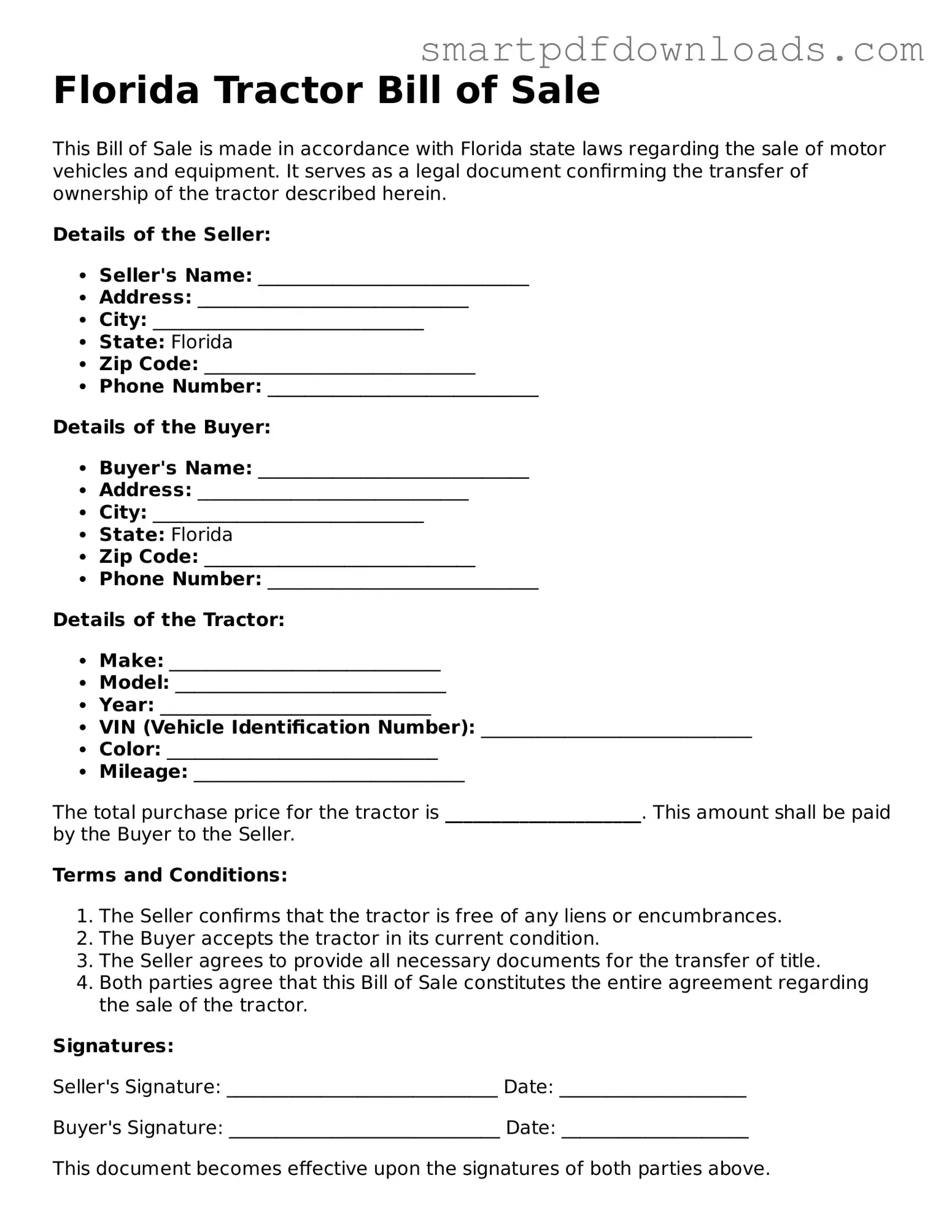 Legal Tractor Bill of Sale Form for the State of Florida