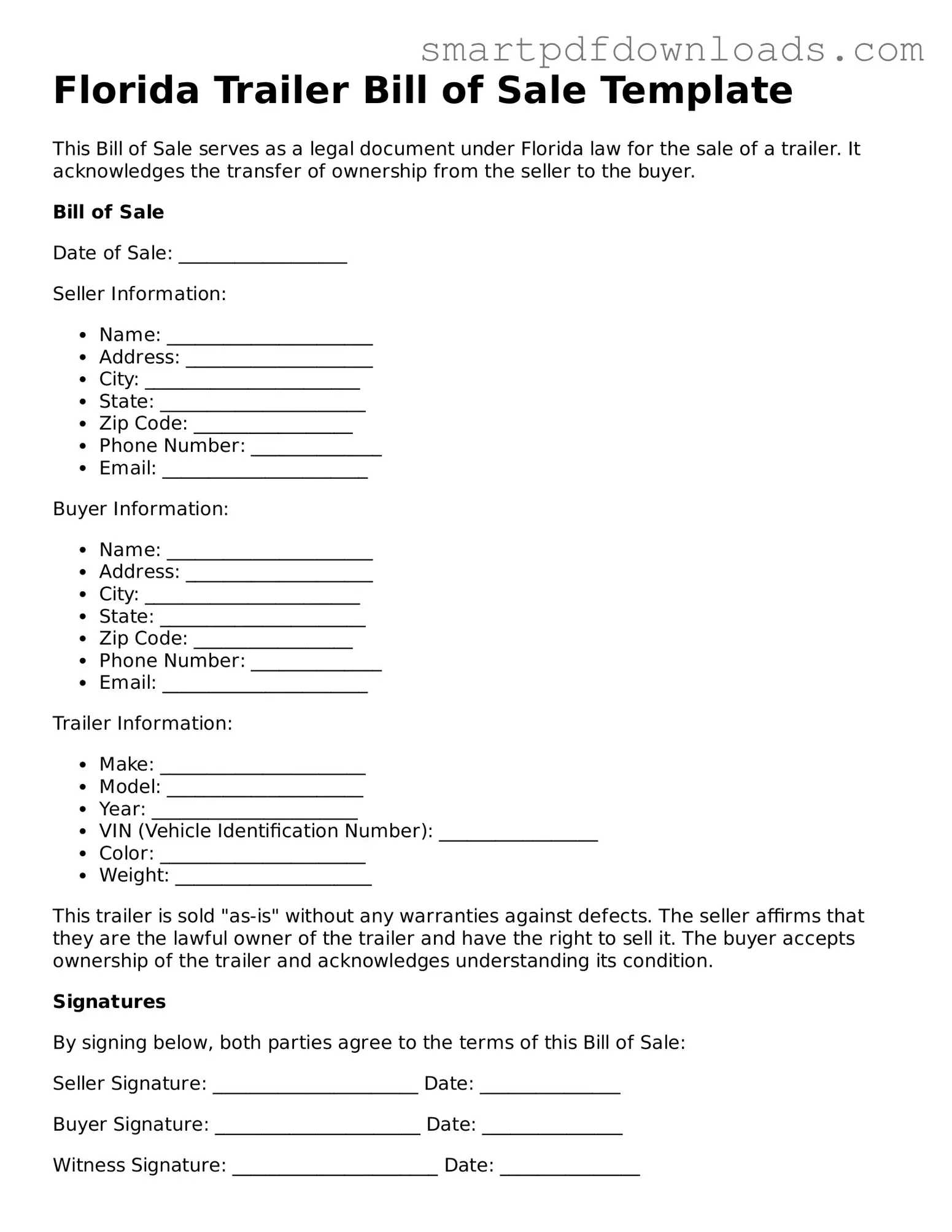 Legal Trailer Bill of Sale Form for the State of Florida