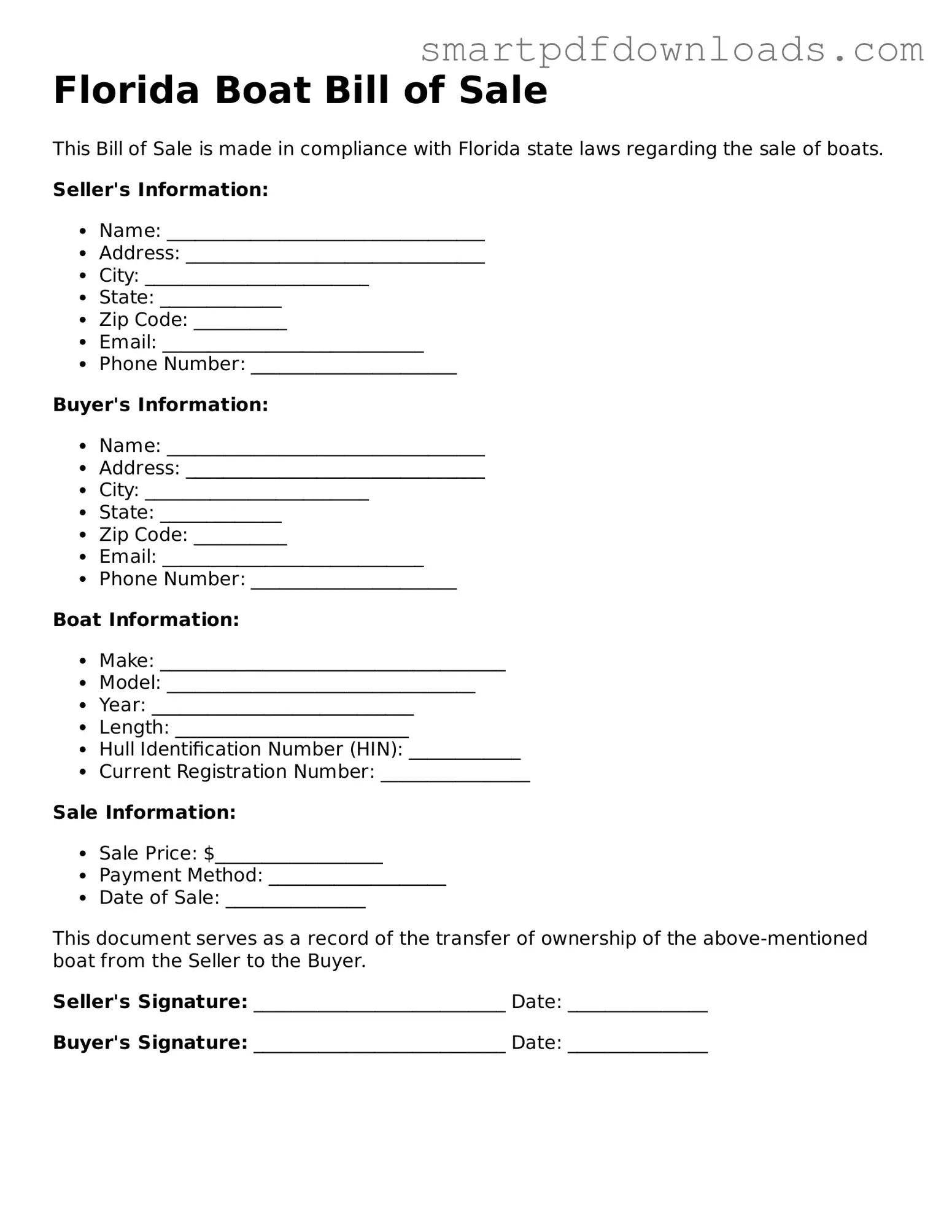 Legal Boat Bill of Sale Form for the State of Florida