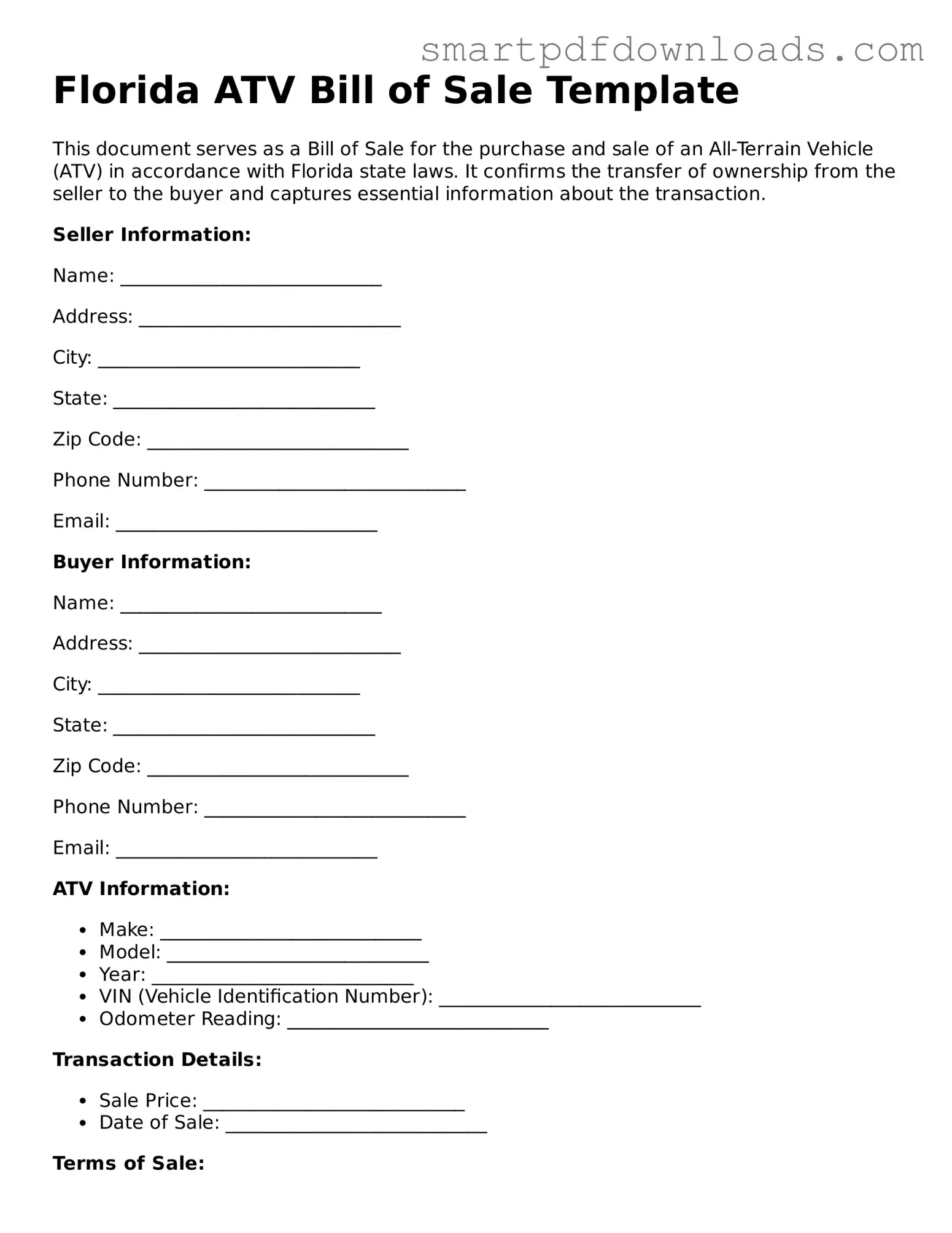 Legal ATV Bill of Sale Form for the State of Florida