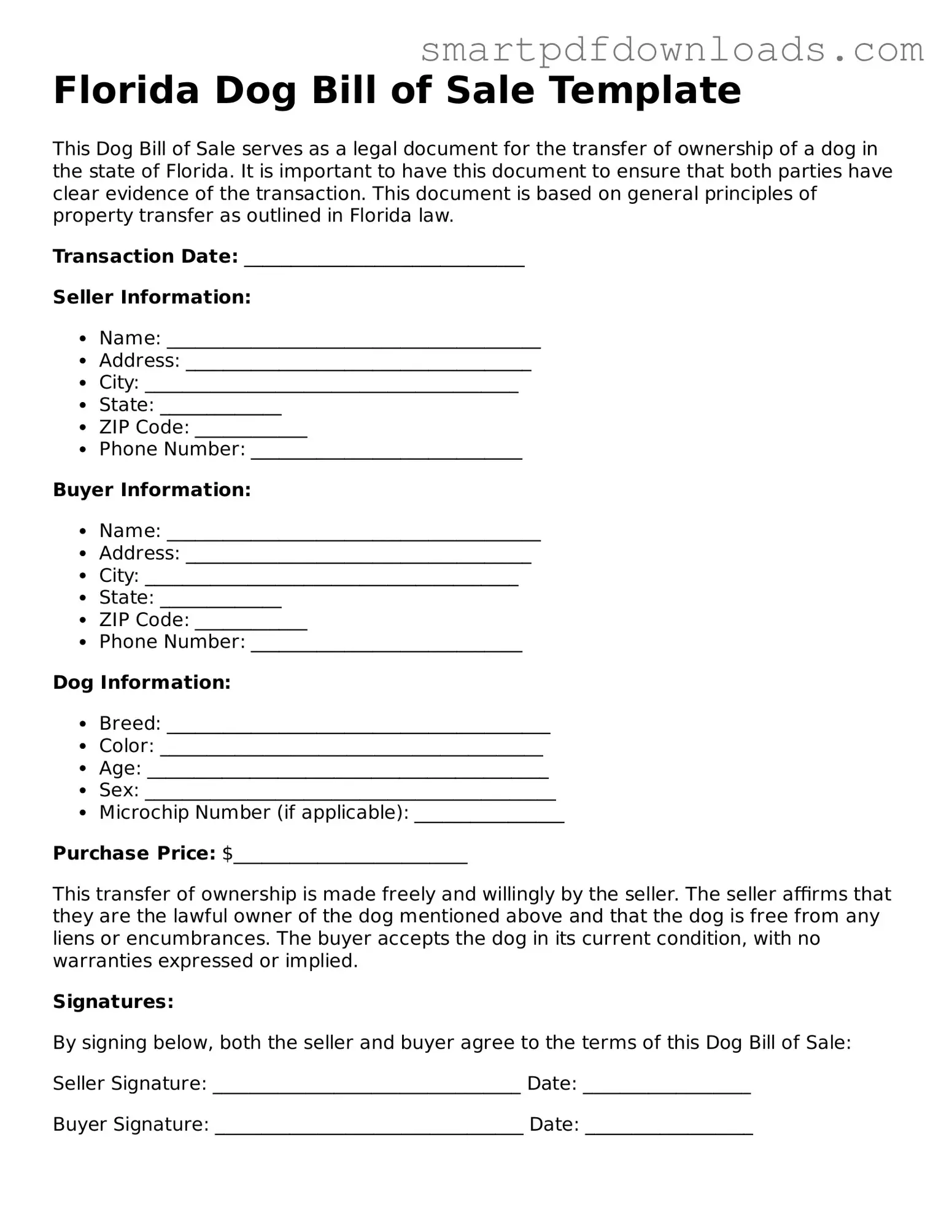 Legal Dog Bill of Sale Form for the State of Florida